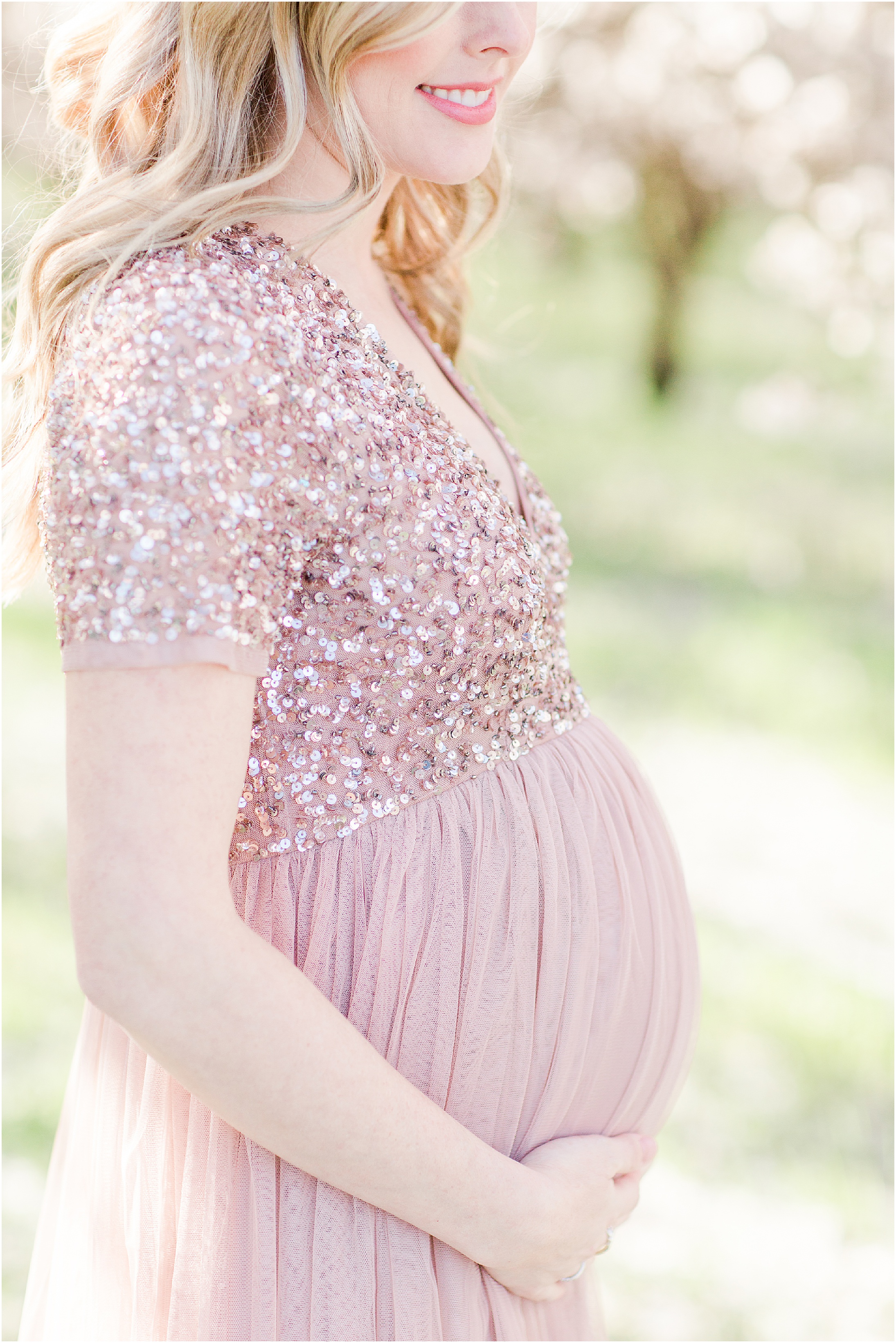 Almond Blossoms Spring Maternity Session Blush Sequin Gown