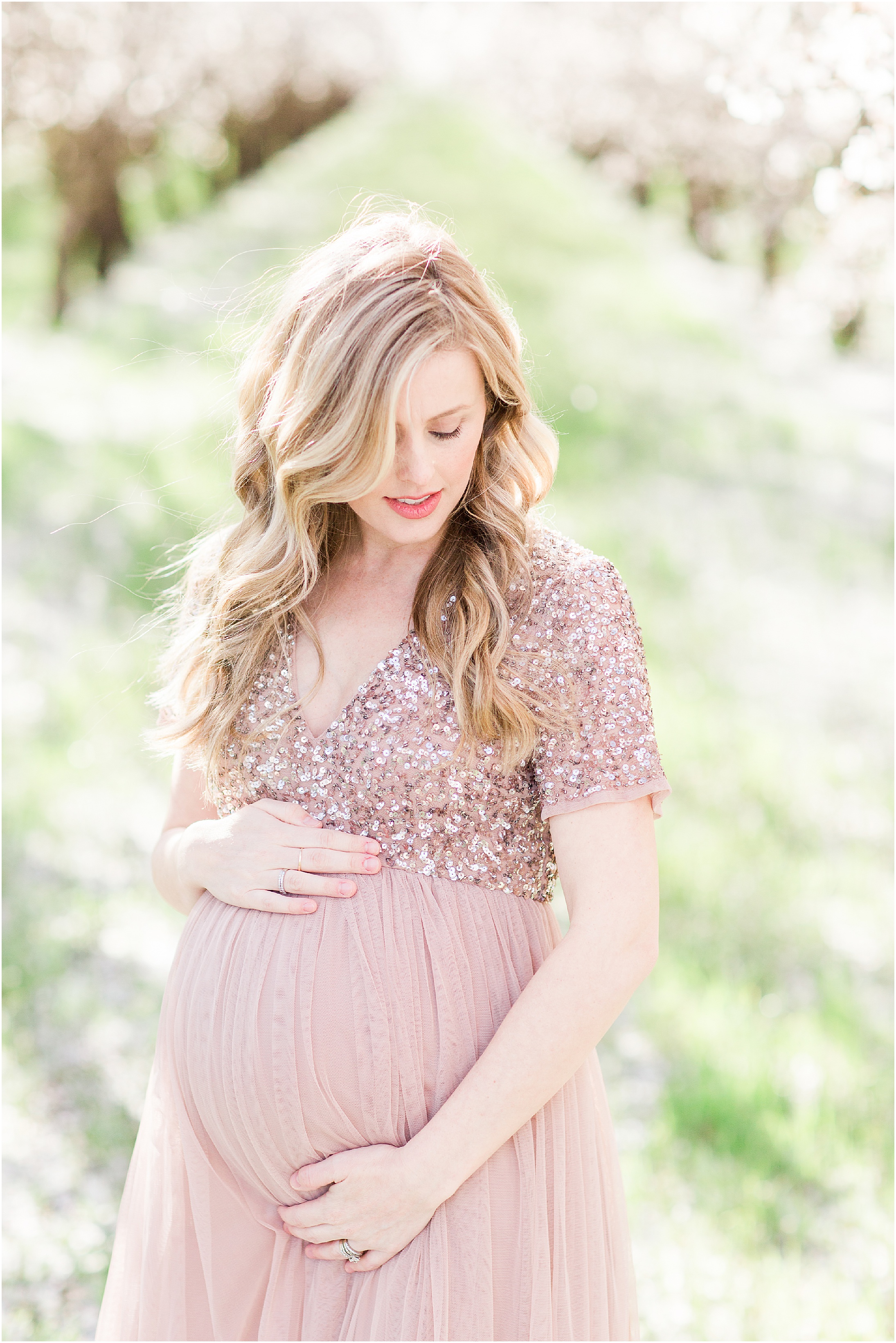Almond Blossoms Spring Maternity Session Blush Sequin Gown