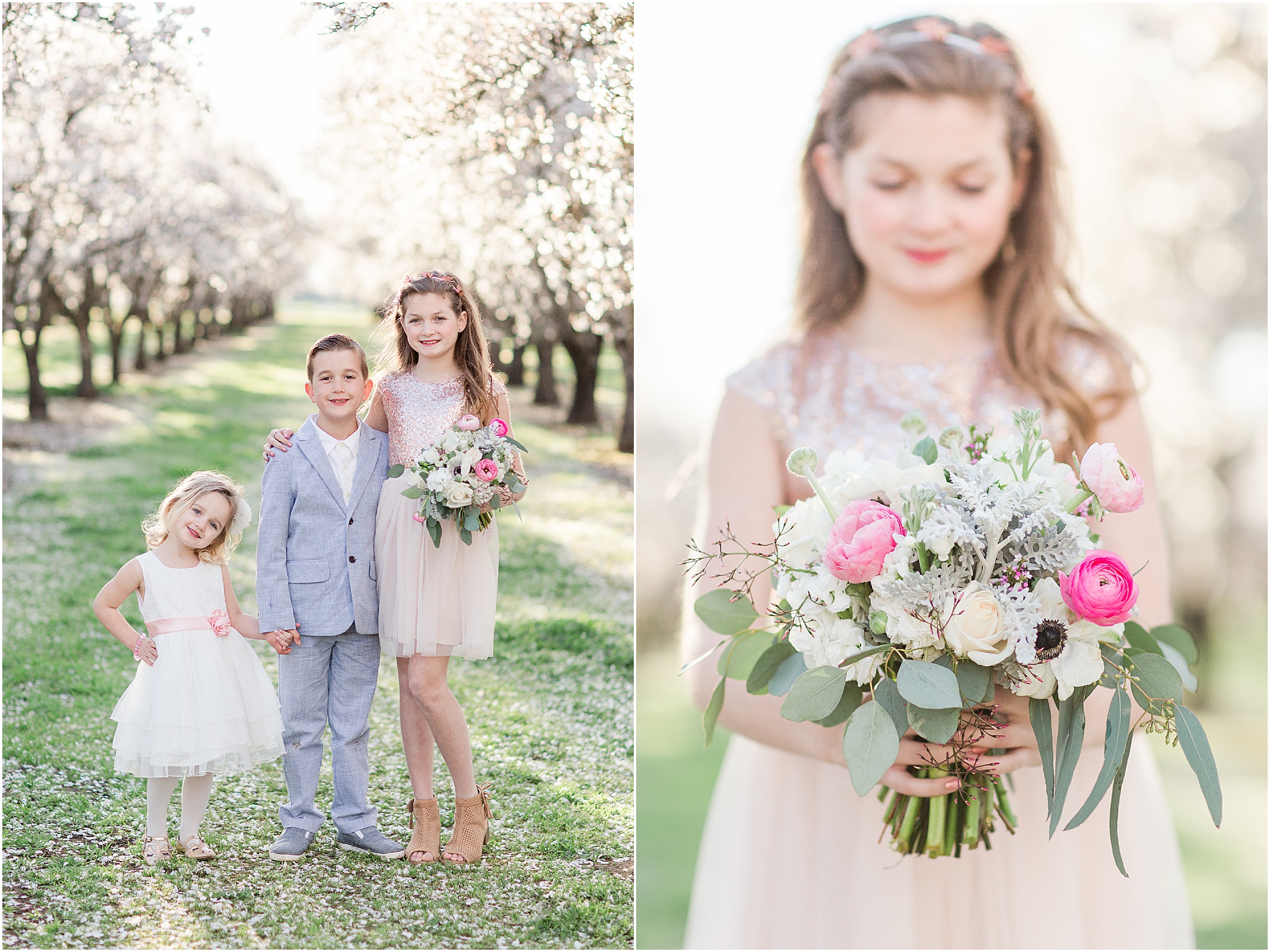 Spring Almond Blossoms Family Portraits Neutrals and Pink Floral Bouquet,