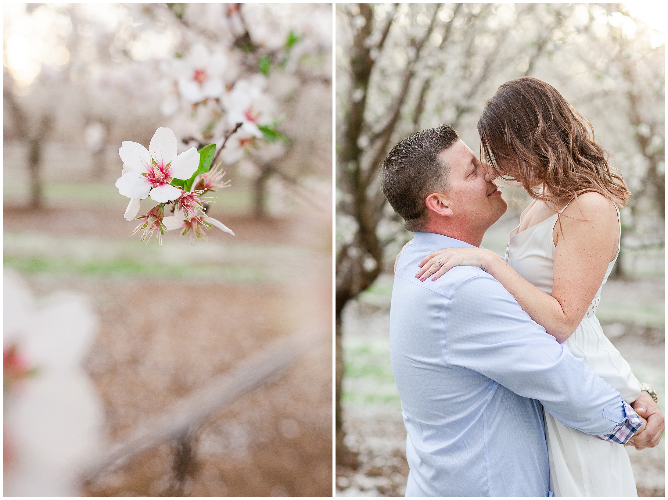 Spring Almond Blossom Couple Session Chico California Soft Pastels,
