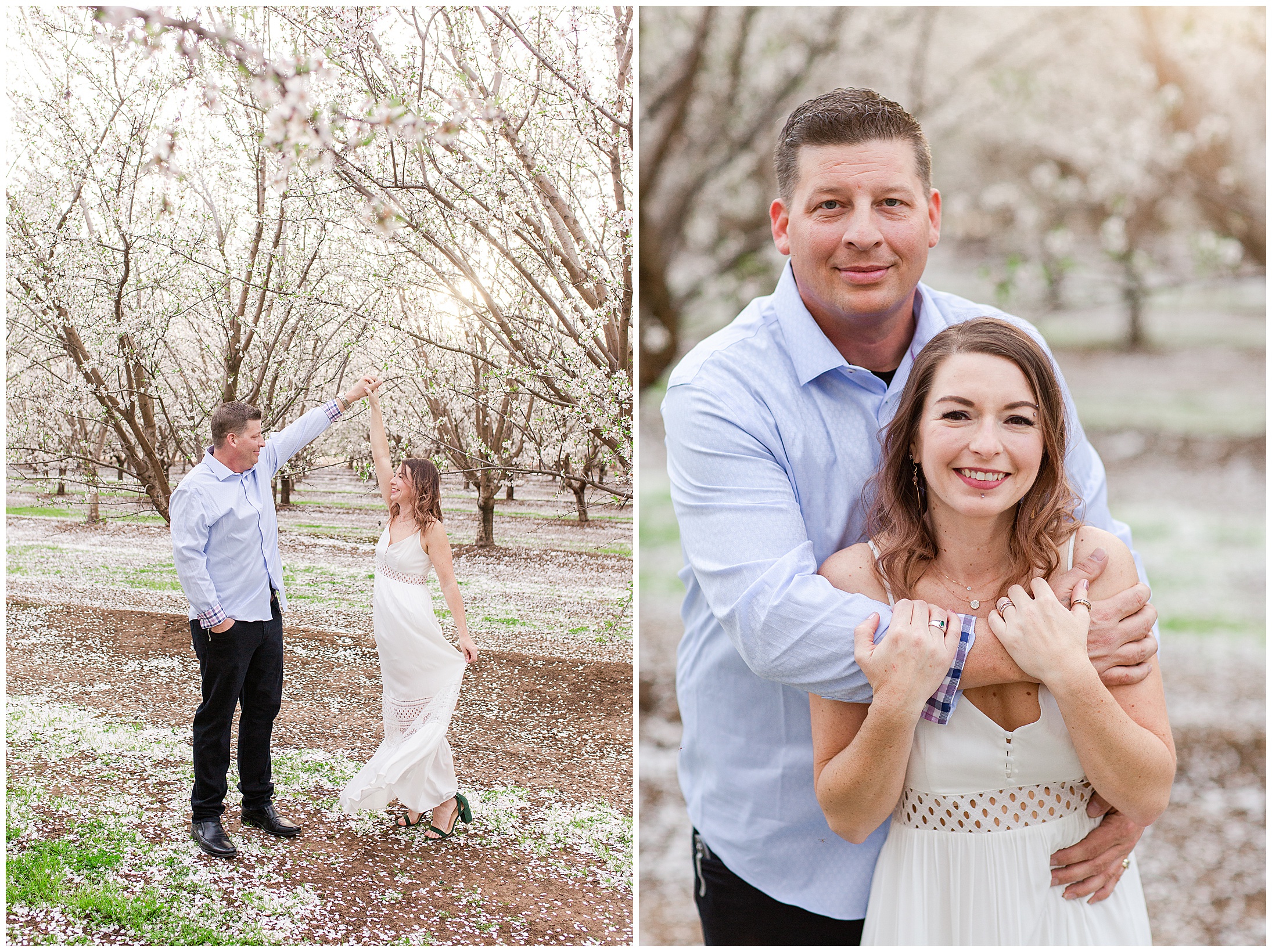 Spring Almond Blossom Couple Session Chico California Soft Pastels,