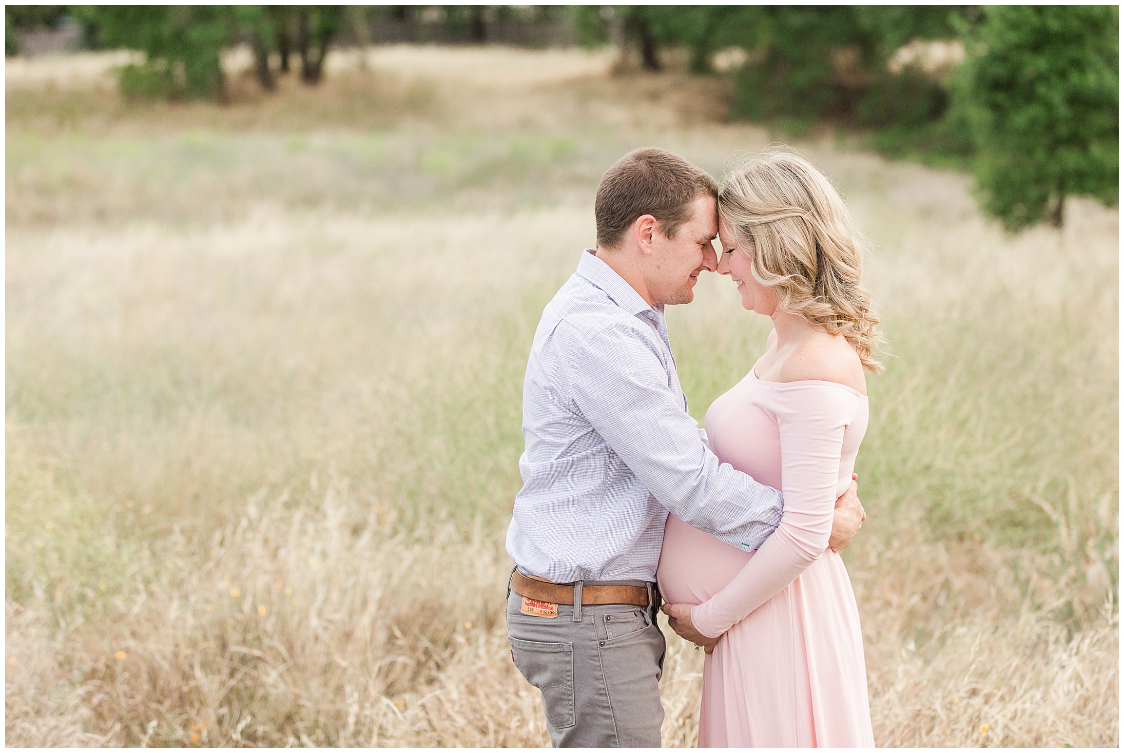 Grass Field Valley Oak Trees Maternity Session Chico California Pink Dress,