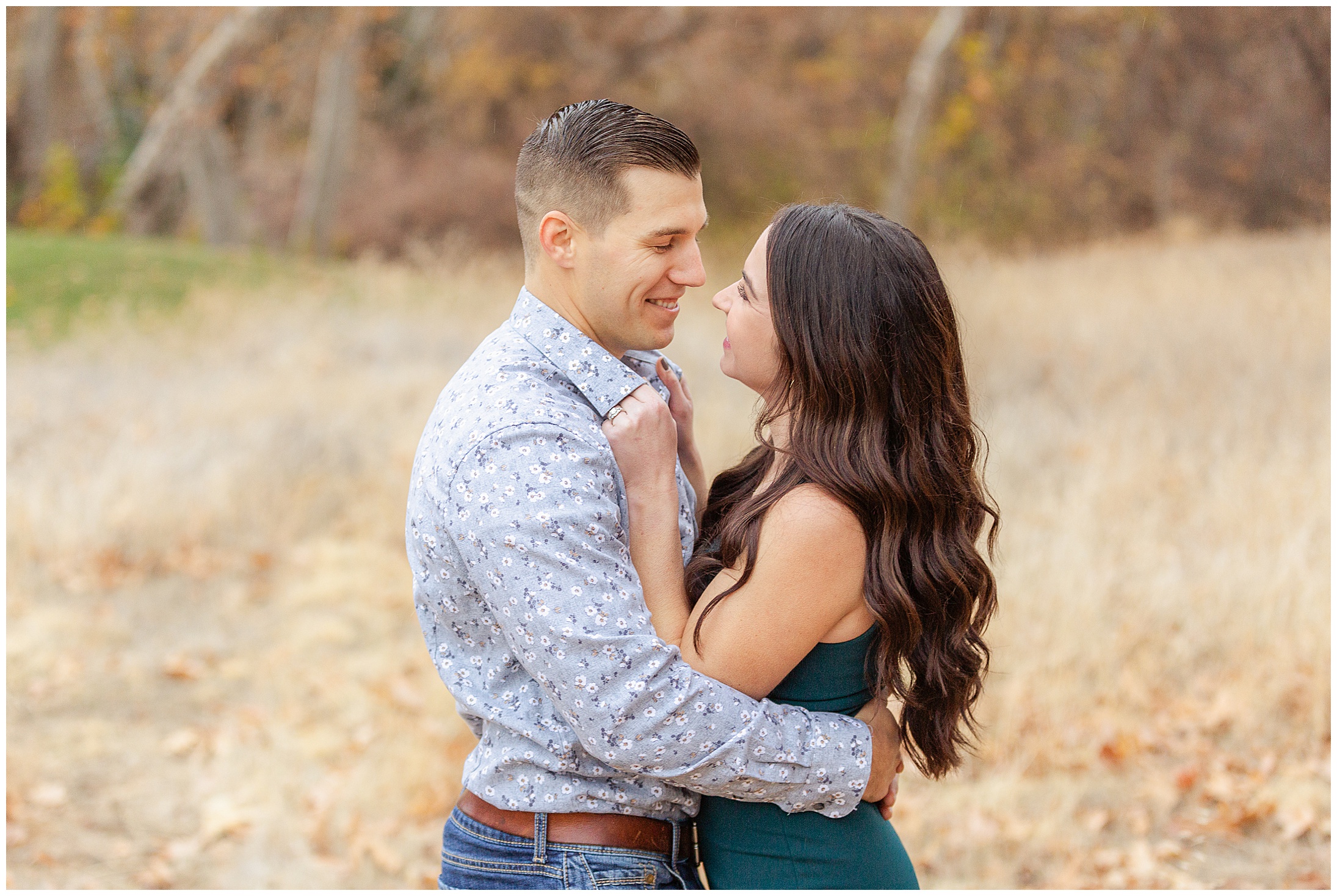 Bidwell Park Golf Course Engagement Session Winter Fall December Dog Champagne Orange Rust Teal,