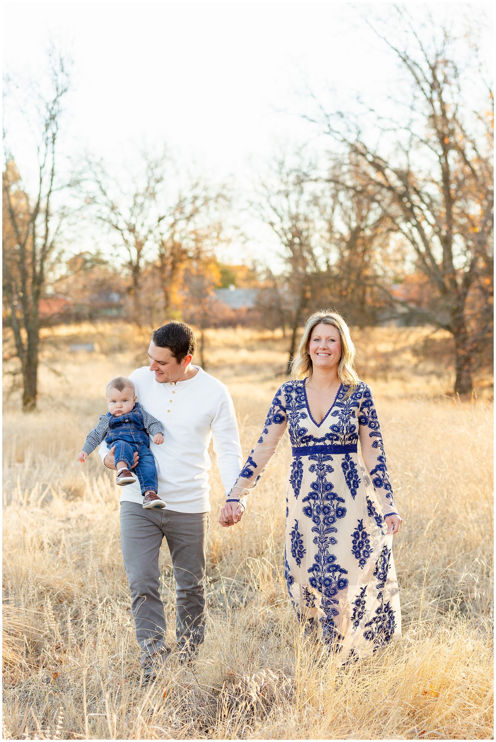 Winter Family Session Walking in Grass Field in Blue Applique Dress | Torrie + Glenn