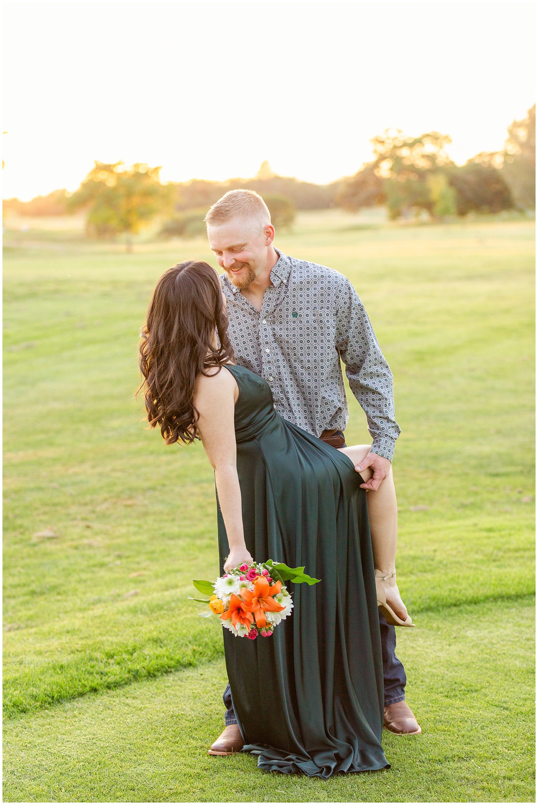 Upper Bidwell Park Engagement Session on Golf Course in Emerald Green Dress | Lizette + Conor