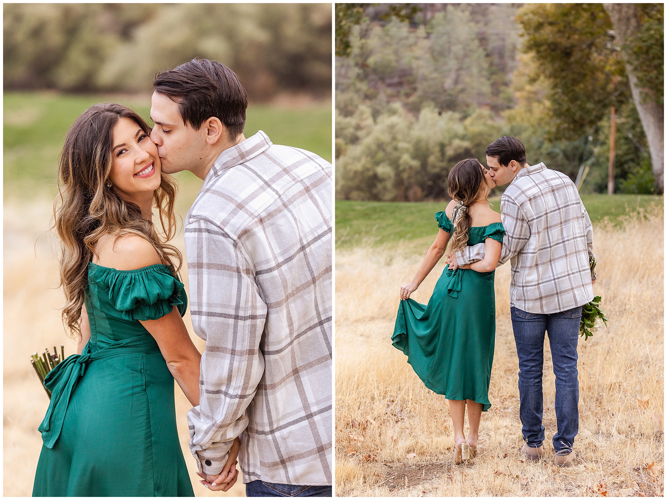 Creekside Bidwell Park Golf Course Engagement Session Floral Bouquet Champagne Roses Green Dress,