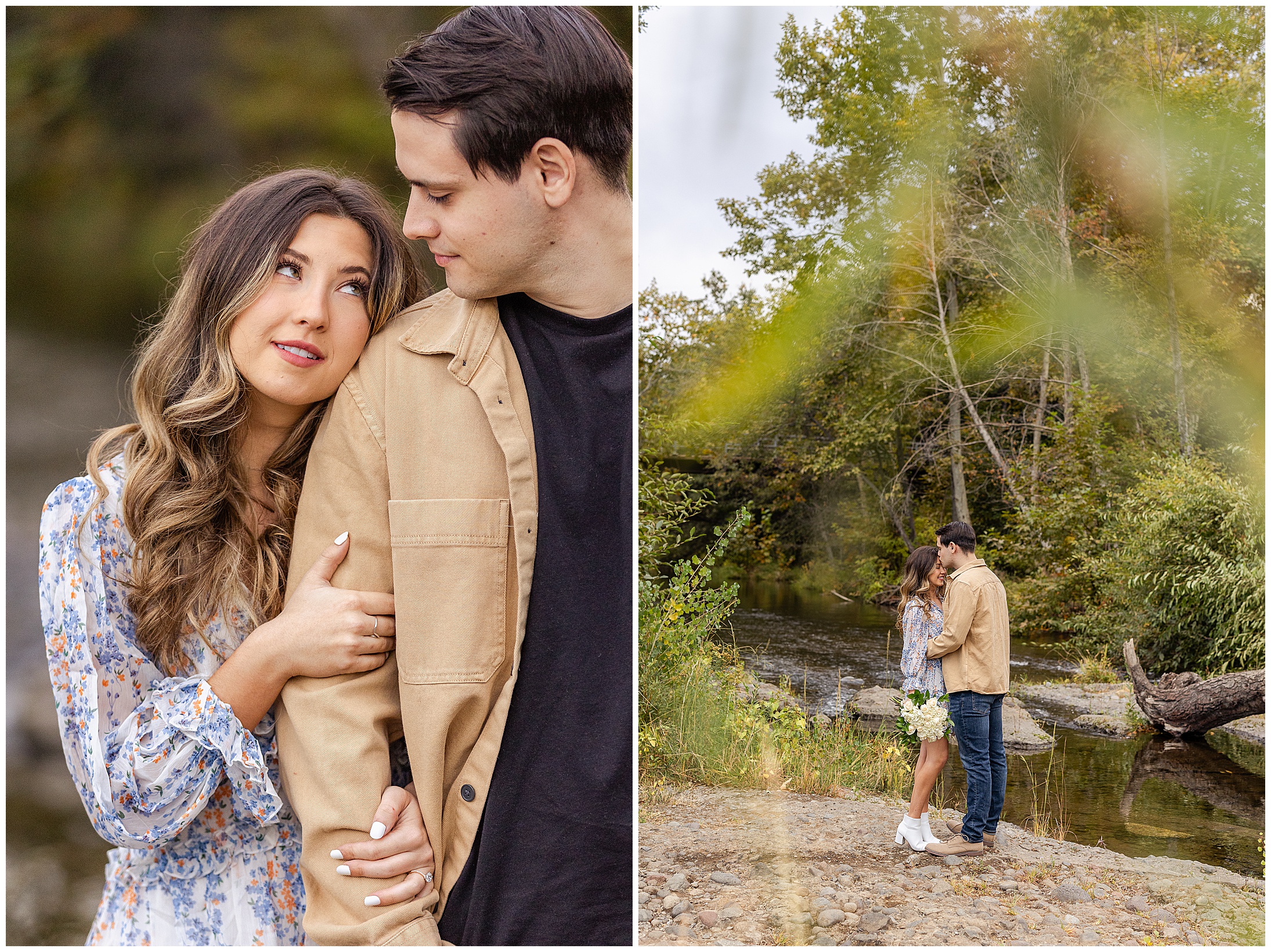 Creekside Bidwell Park Golf Course Engagement Session Floral Bouquet Champagne Roses Green Dress,