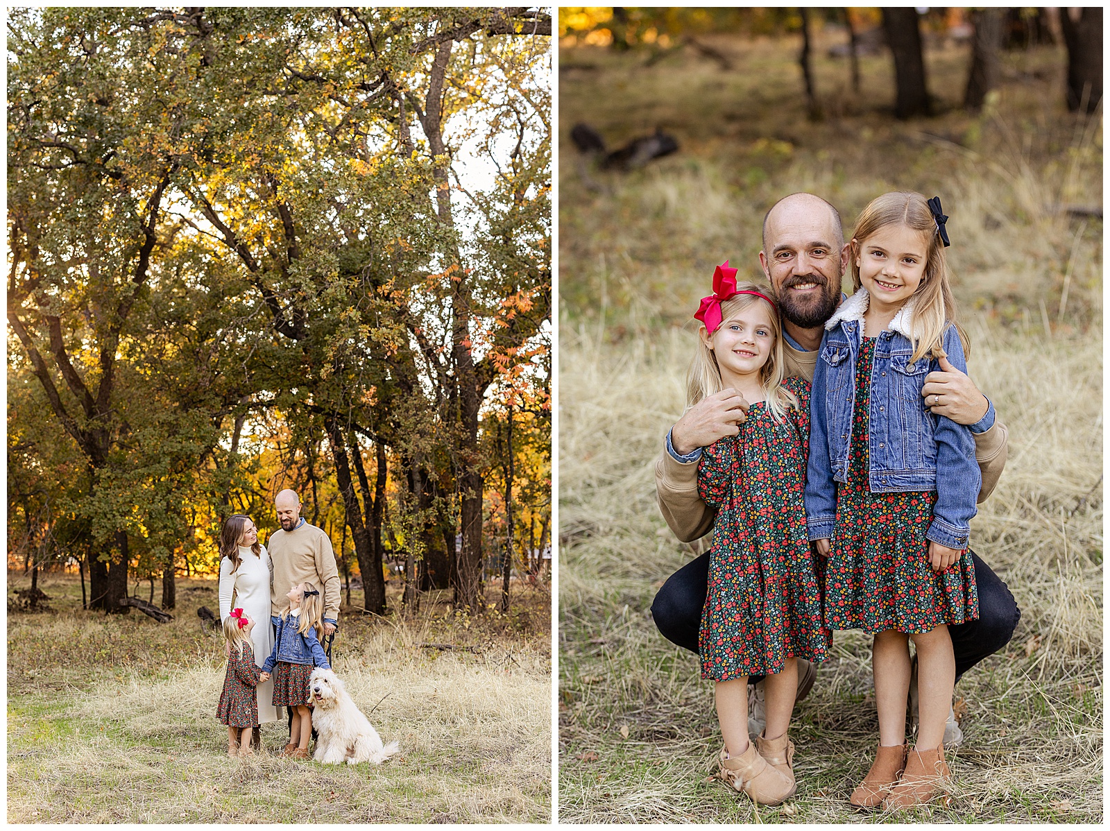 Lower Bidwell Park Family Session Chico CA October Fall Dog Goldendoodle White Dress,