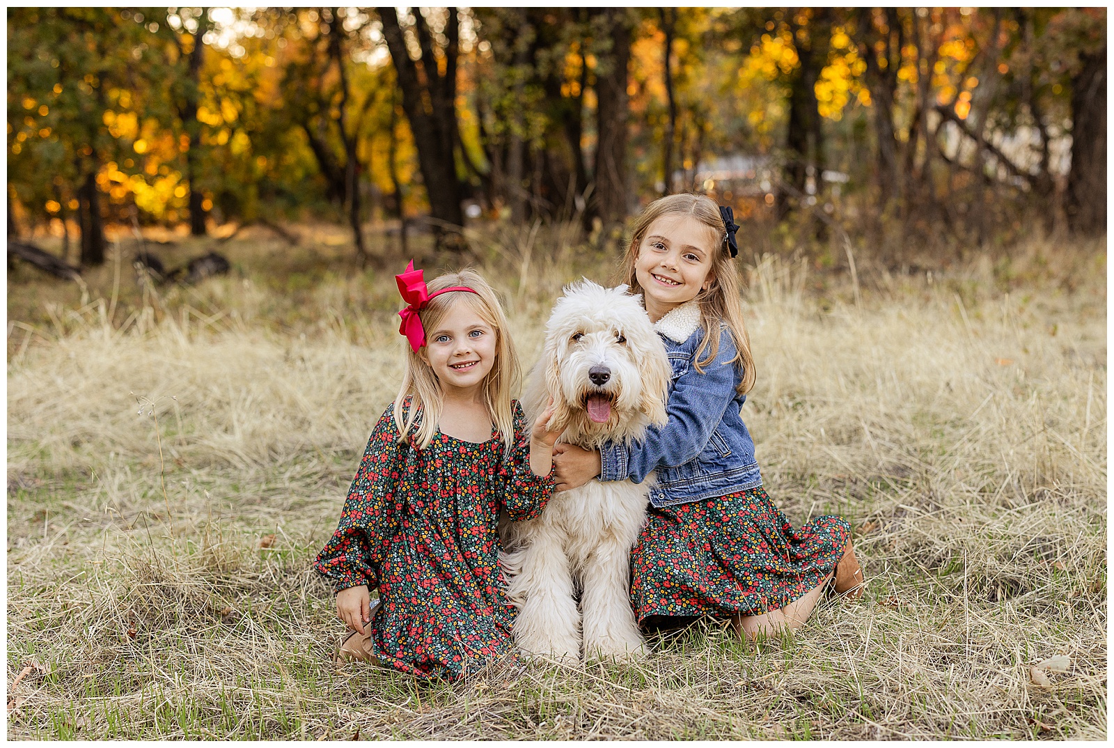 Lower Bidwell Park Family Session Chico CA October Fall Dog Goldendoodle White Dress,