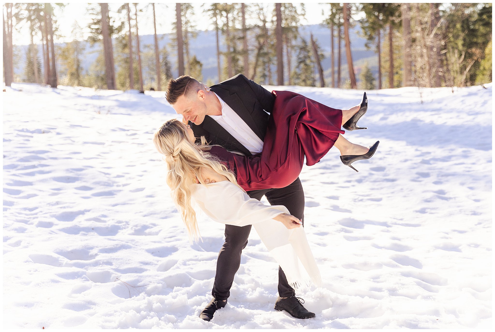 Snowy Engagement Session Butte Meadows CA Formal Black Jacket Peregrine Point Disc Golf Course Chico CA Hat,