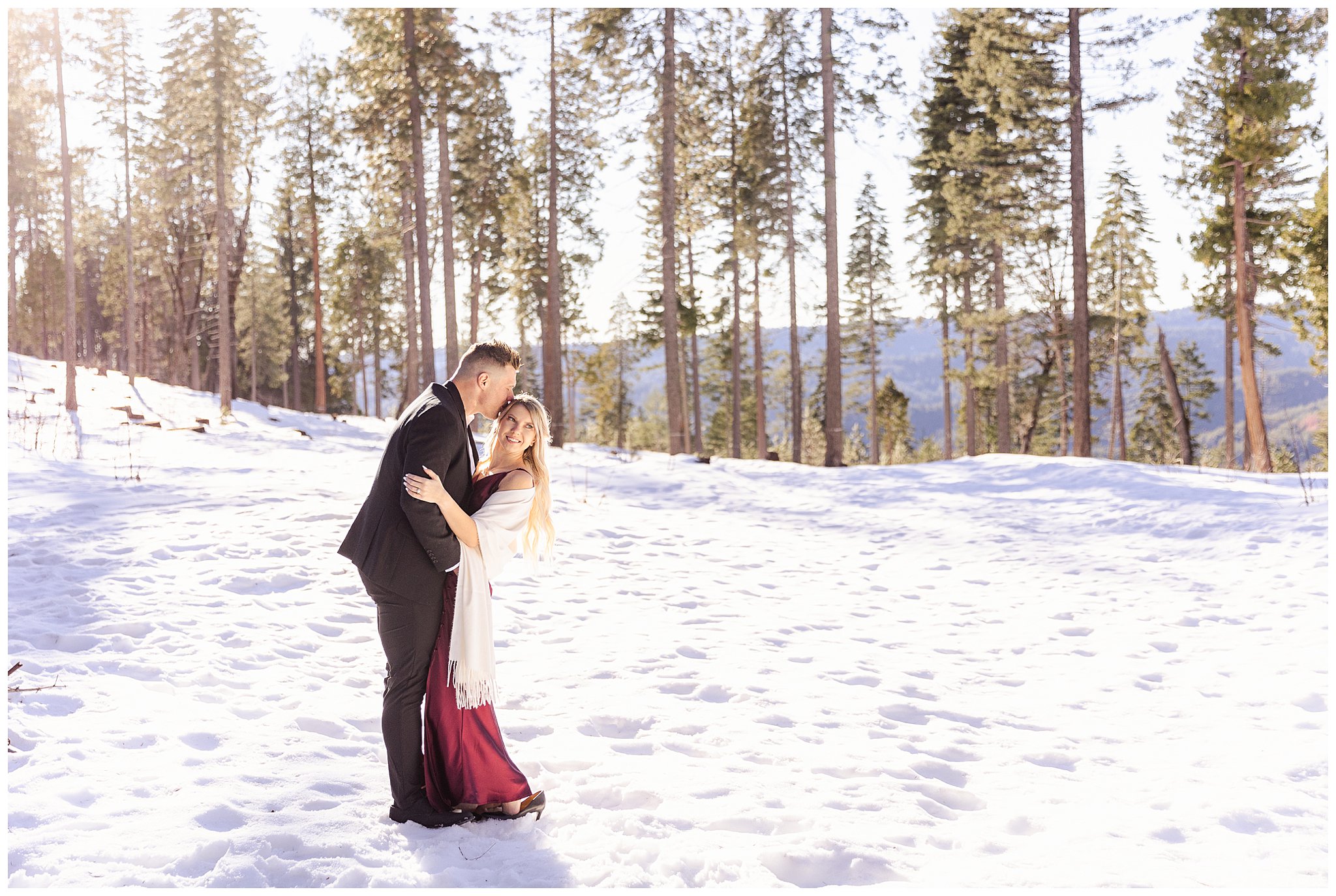 Snowy Engagement Session Butte Meadows CA Formal Black Jacket Peregrine Point Disc Golf Course Chico CA Hat,