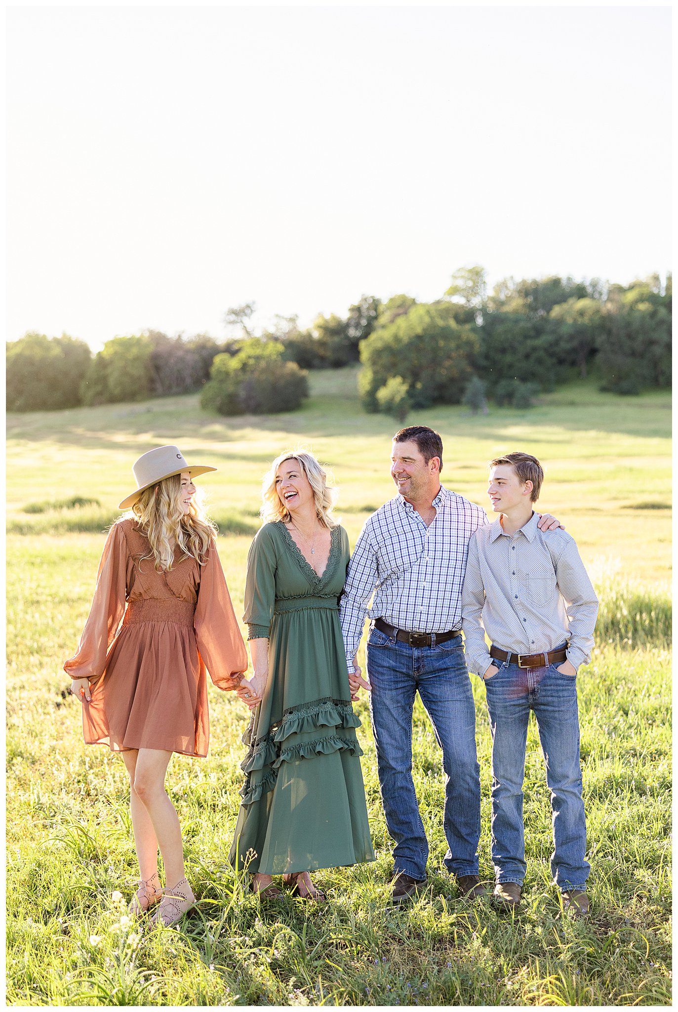 Family Pictures in Upper Bidwell Park in Rust and Green Dresses | Kristin + Bill