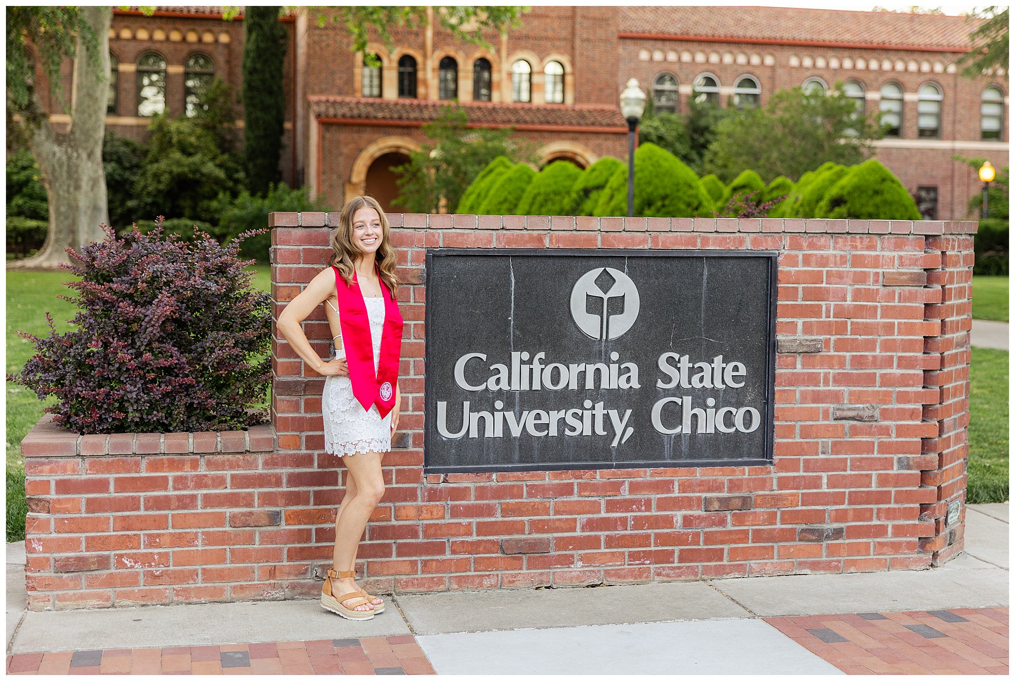 California State University Chico Senior Session Chico CA White Dress Champange Confetti Cap Gown,