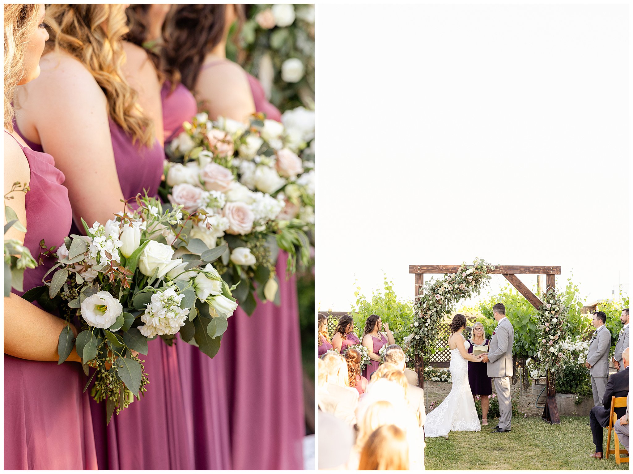 Scribner Bend Vineyard Wedding Sacramento CA Roses Arch Dusty Rose Grapevines Sunset Tent Garden Father Daughter First Look Gray Suits,
