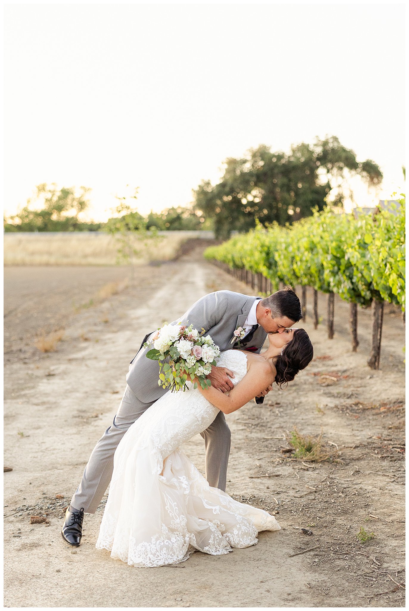 Scribner Bend Wedding Dip and Kiss in the Vineyard | Nicole + DJ