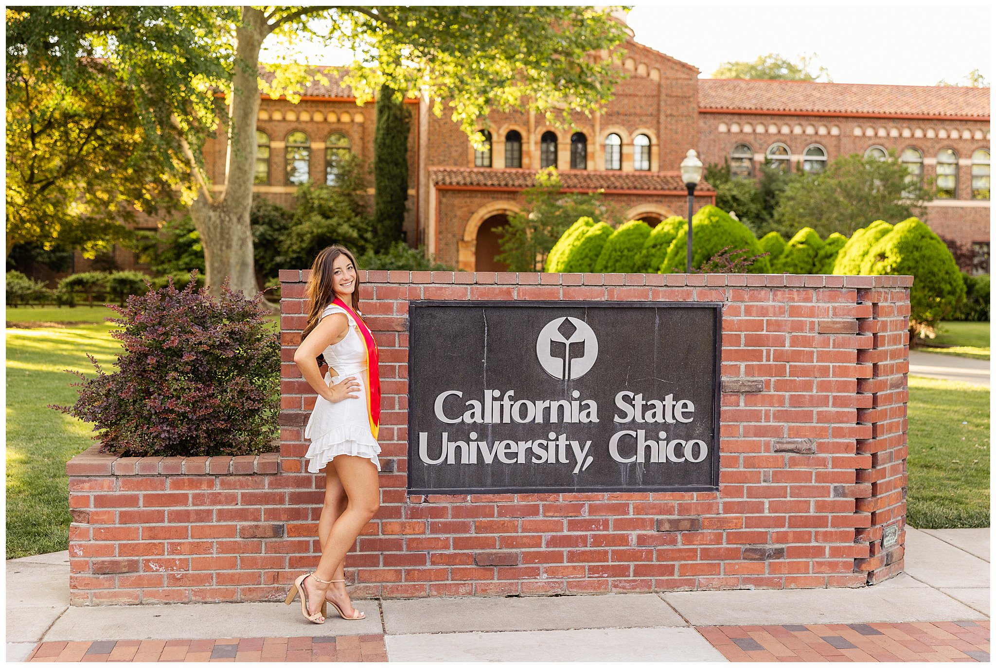 California State University Chico Senior Session Chico CA White Dress Brick Cap Gown May Spring,