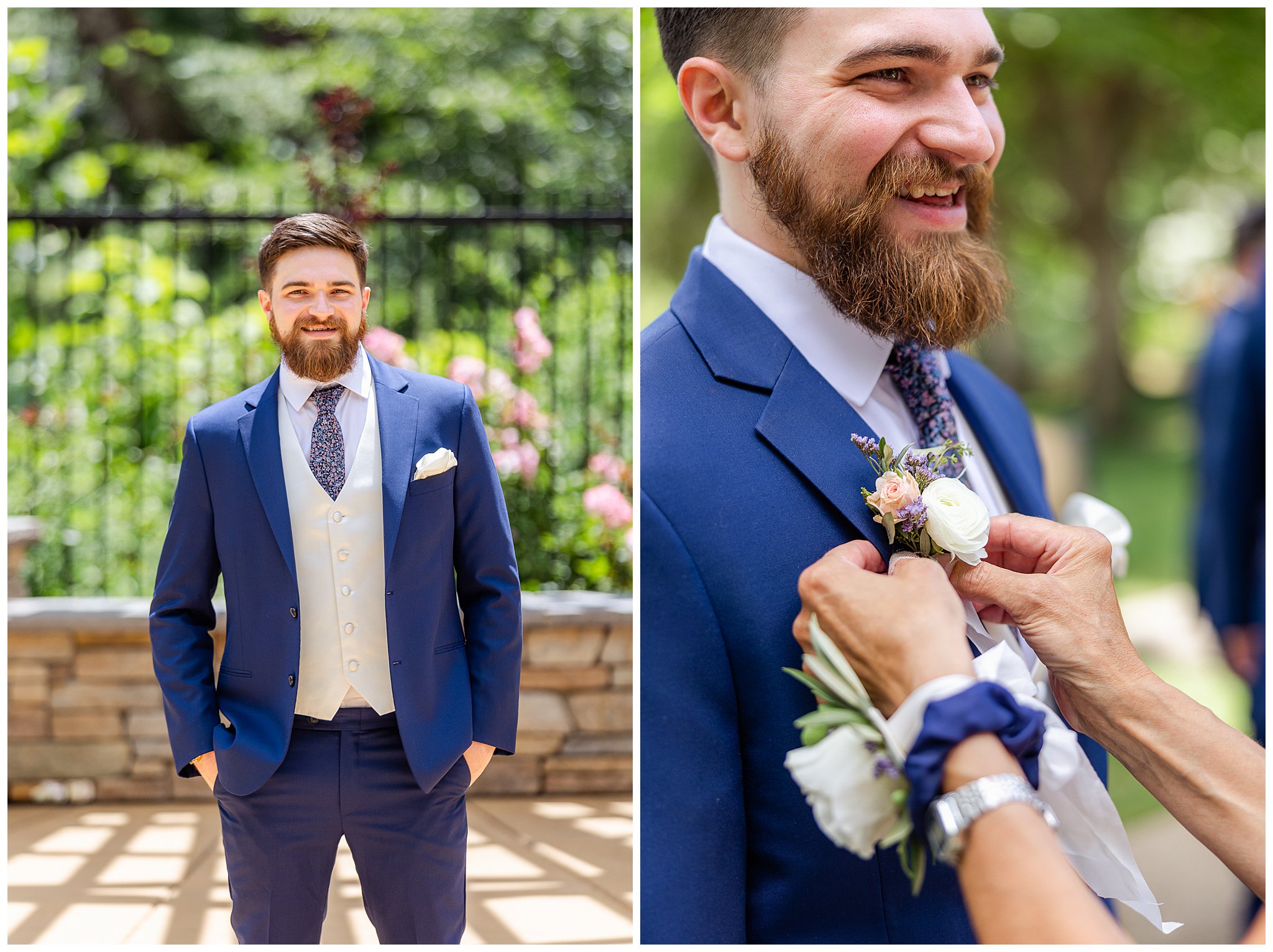 Creekside Rose Garden Wedding Chico CA Light Pastels First Look Blue Suit Floral Tie,
