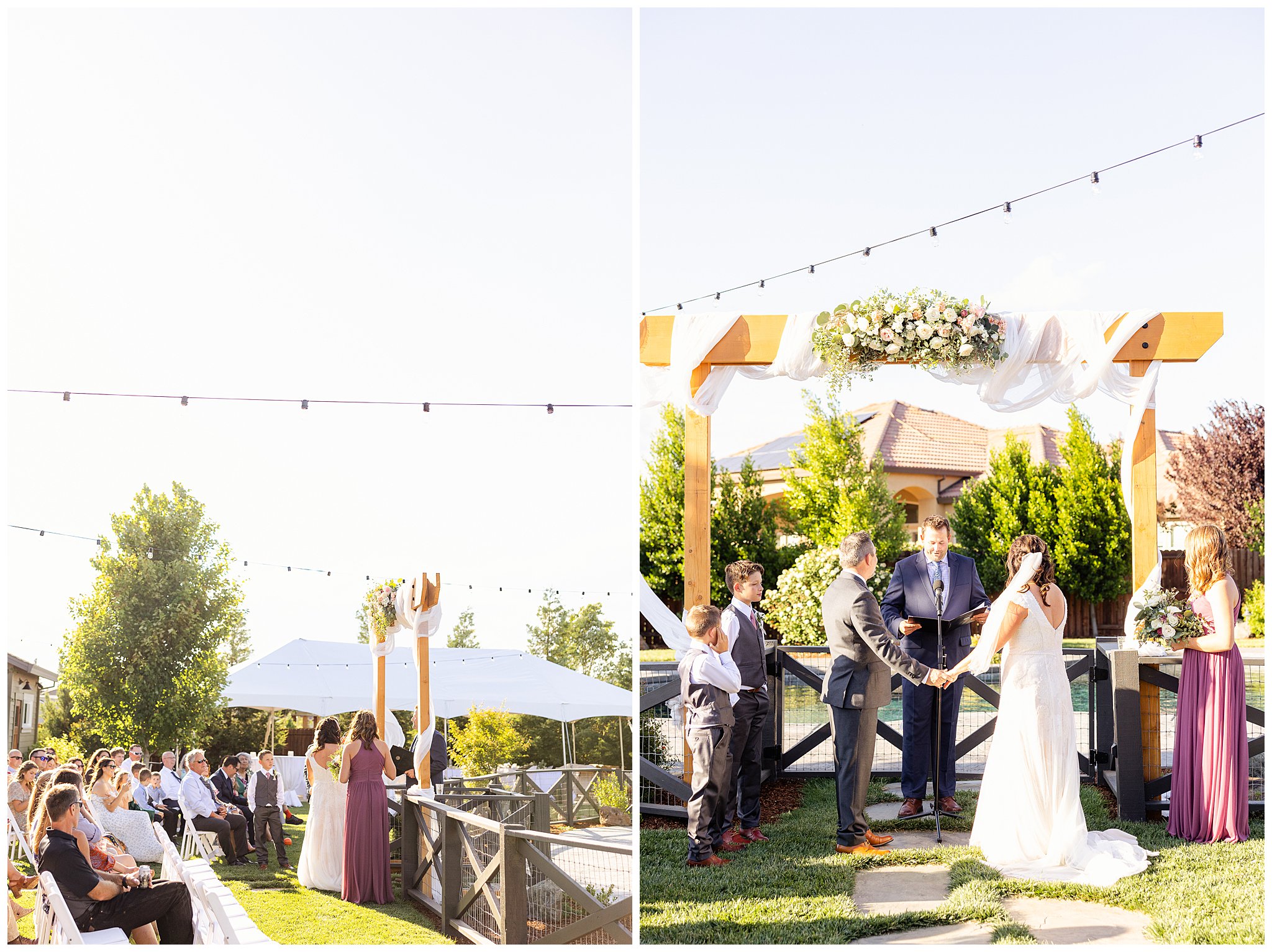 Garden Wedding Chico CA Dusty Rose Gray Private Residence Arch Tent June Summer,