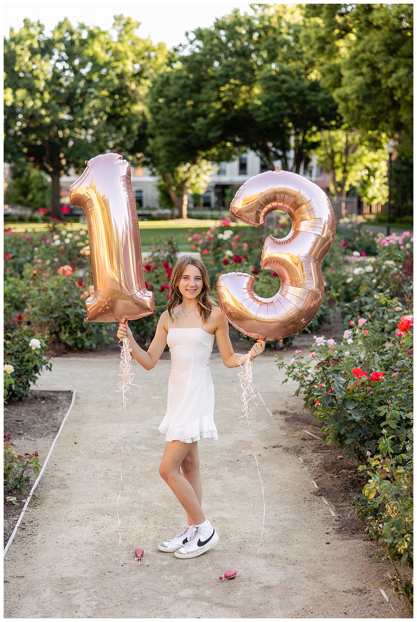 Birthday Session with Balloons in Rose Garden CSU, Chico | Carys