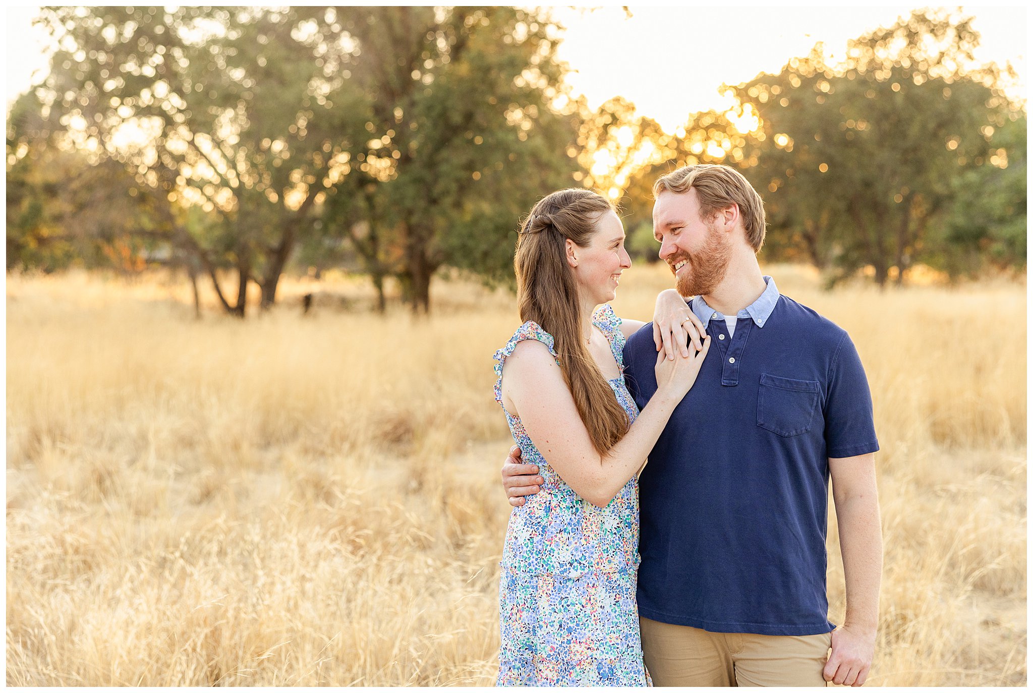 Grass Field Engagement Session Chico CA Cake Valley Oak Trees Summer August,