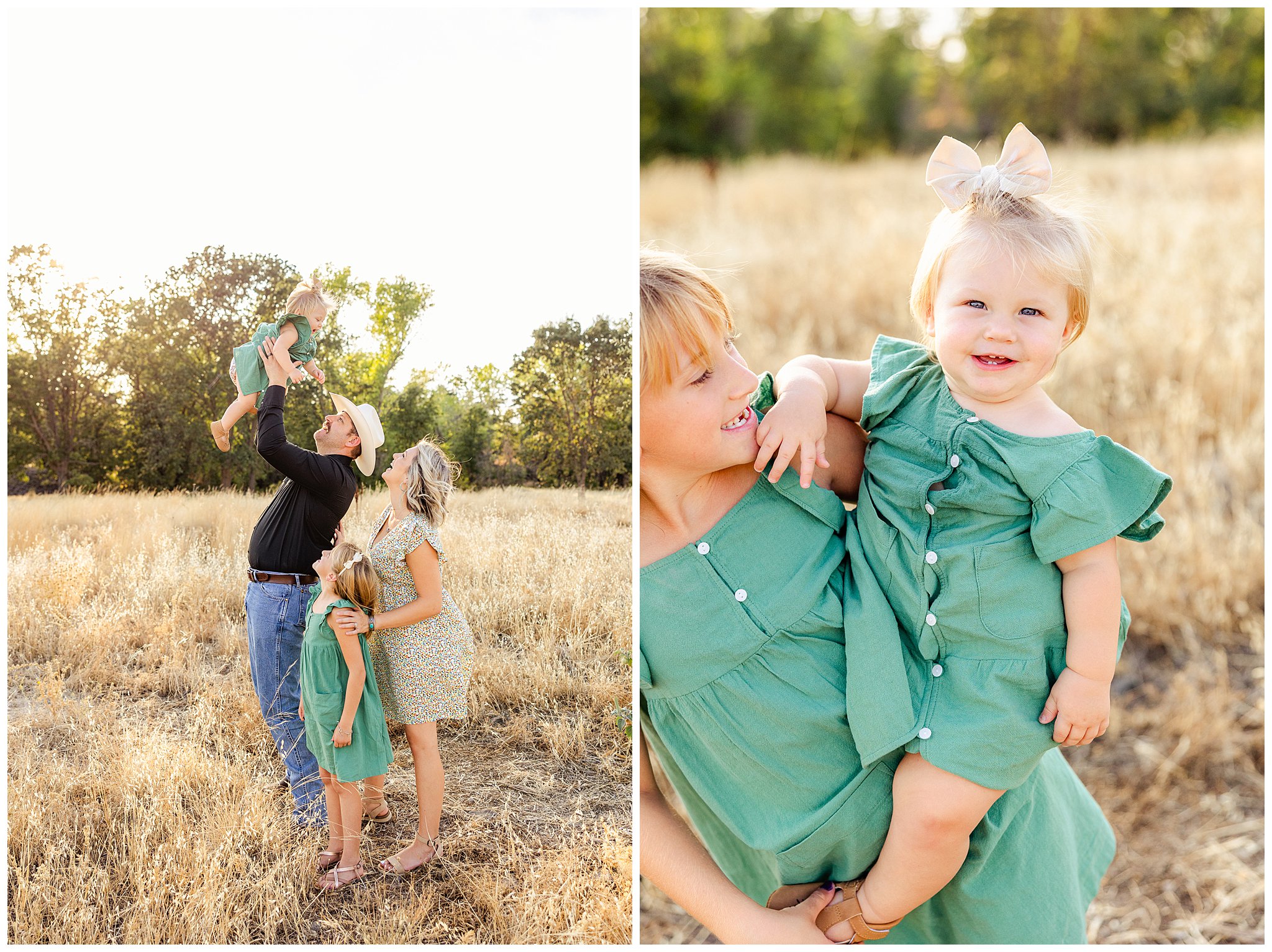 Grass Field Family Session Chico CA Summer August One Year Old Baby Girl Dress Dresses Cowboy Hat Boots,