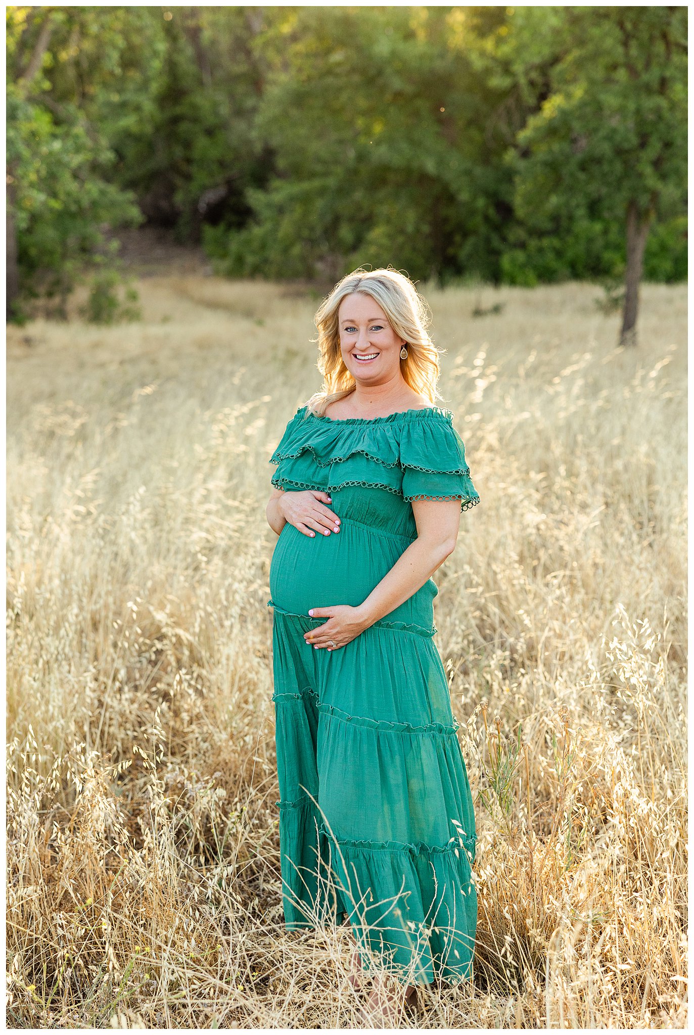 Summer Maternity Session in Grass Field in Green Dress | Jessica + Lucas