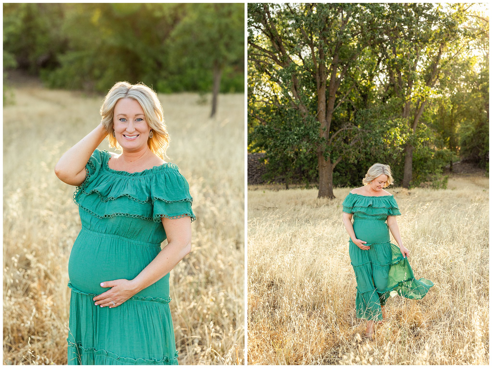 Grass Field Maternity Session Chico CA Green Dress,