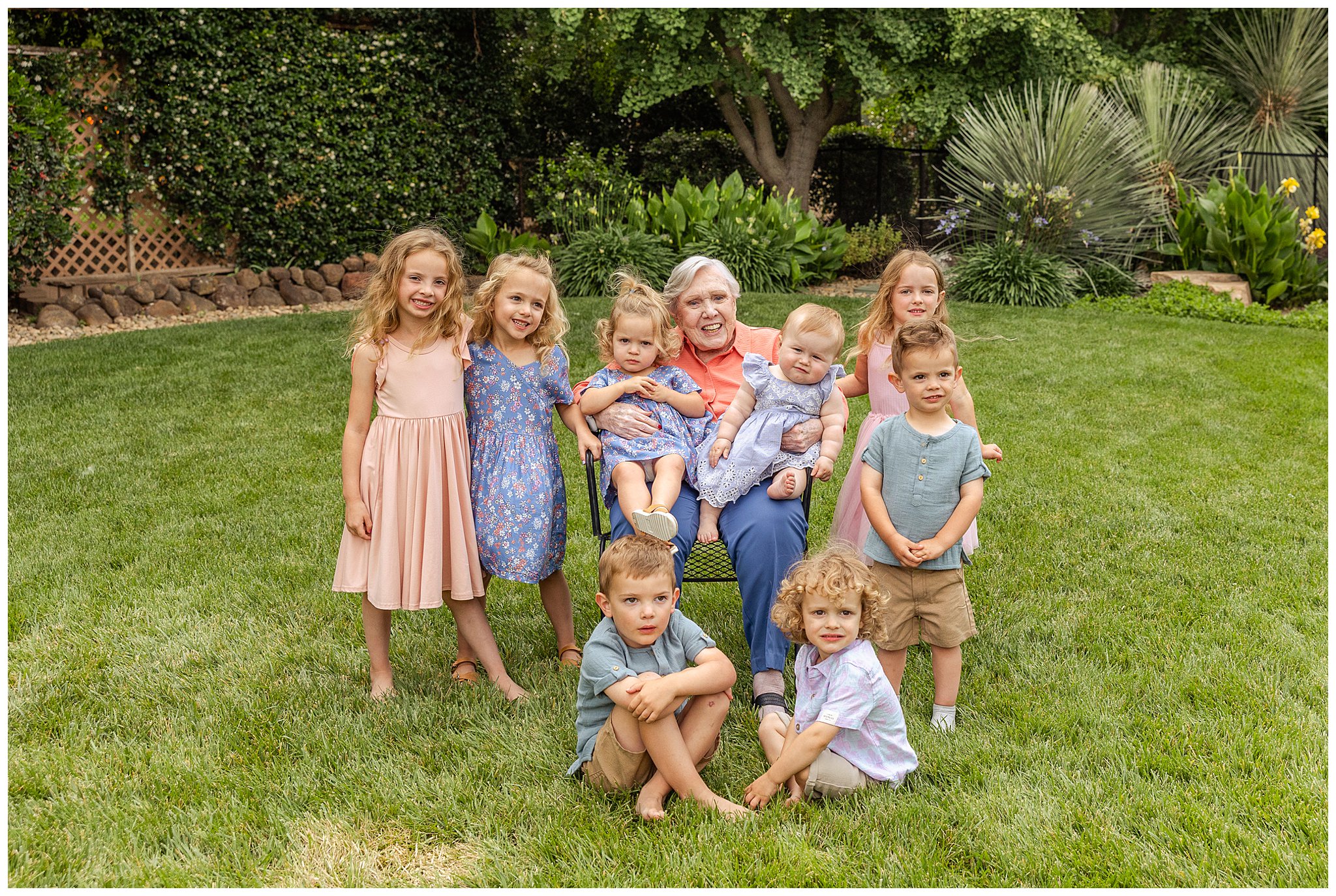 90th Birthday Extended Family Session Chico CA Summer June Backyard Cousins Grandma,