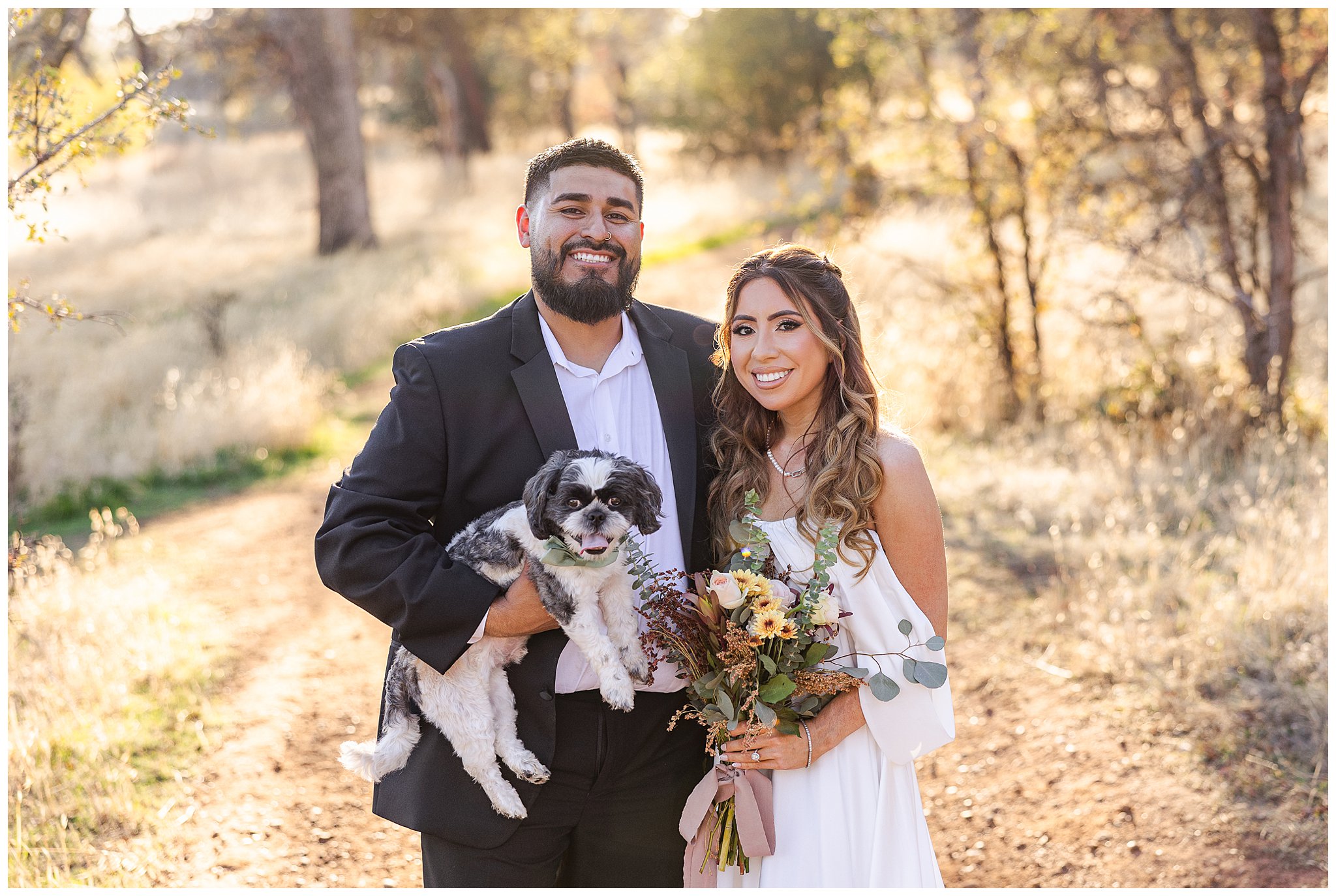 Upper Bidwell Park Engagemet Session September Fall Boho Black Suit White Gown Dog Bouquet Champagne Trail,