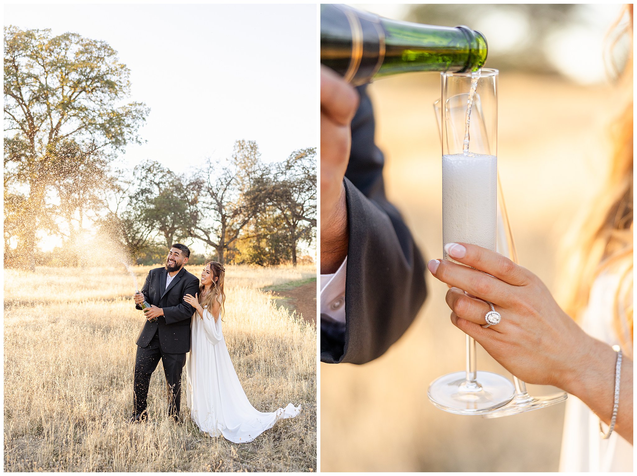 Upper Bidwell Park Engagemet Session September Fall Boho Black Suit White Gown Dog Bouquet Champagne Trail,