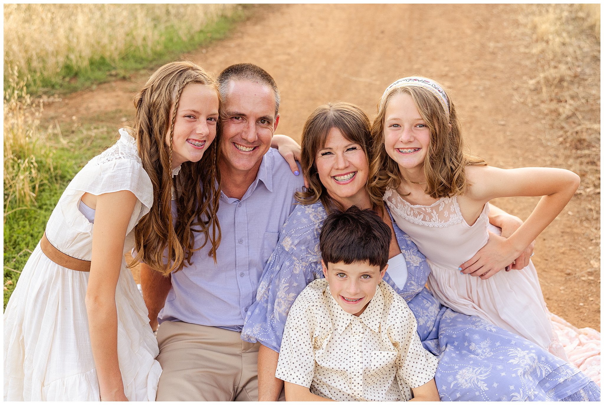 Upper Bidwell Park Family Session Chico CA Fall October Light Pastels Dresses Trail Grass,