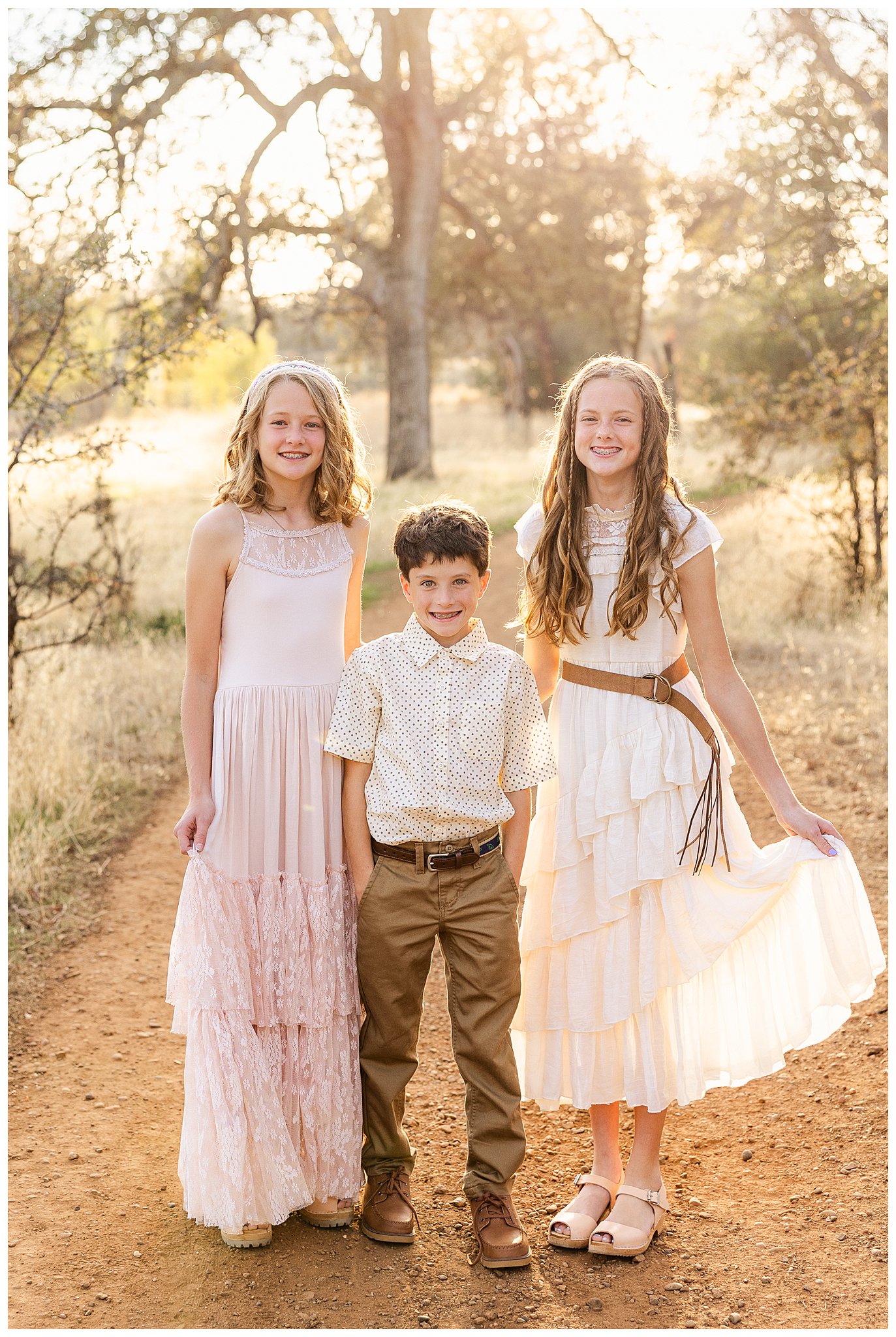 Upper Bidwell Park Family Session Chico CA Fall October Light Pastels Dresses Trail Grass,