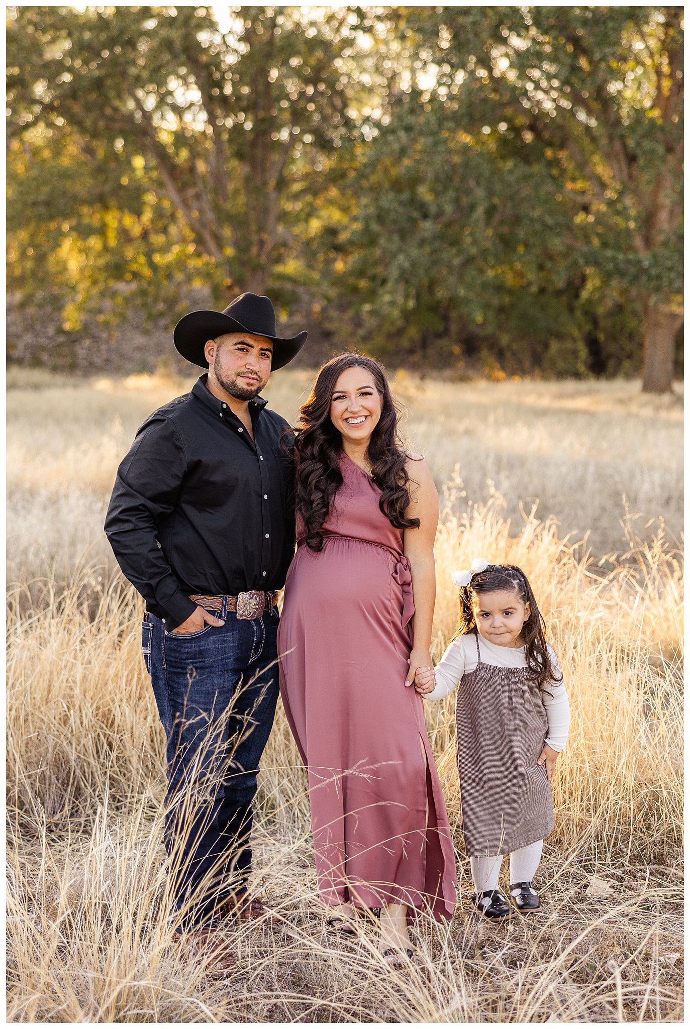 Grass Field Family Maternity Session Couple Chico CA Fall October Pink Dress Black Cowboy Hat,