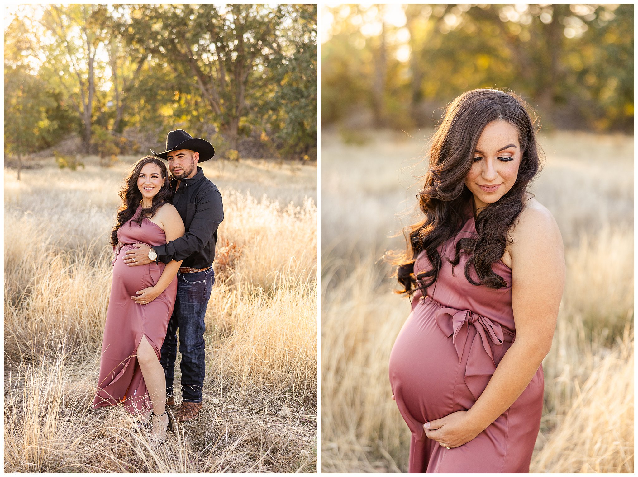 Grass Field Family Maternity Session Couple Chico CA Fall October Pink Dress Black Cowboy Hat,