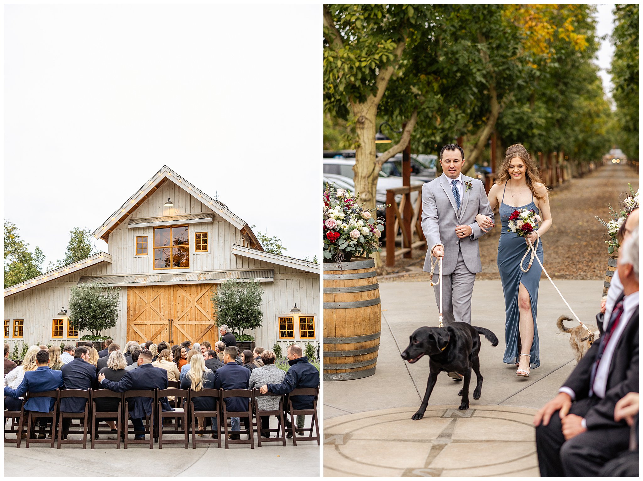 The Barn Pheasant Trail Ranch Wedding Chico CA First Look White Barn Walnut Orchard Bridal Party Ceremony Floral Floor Arch November Fall,