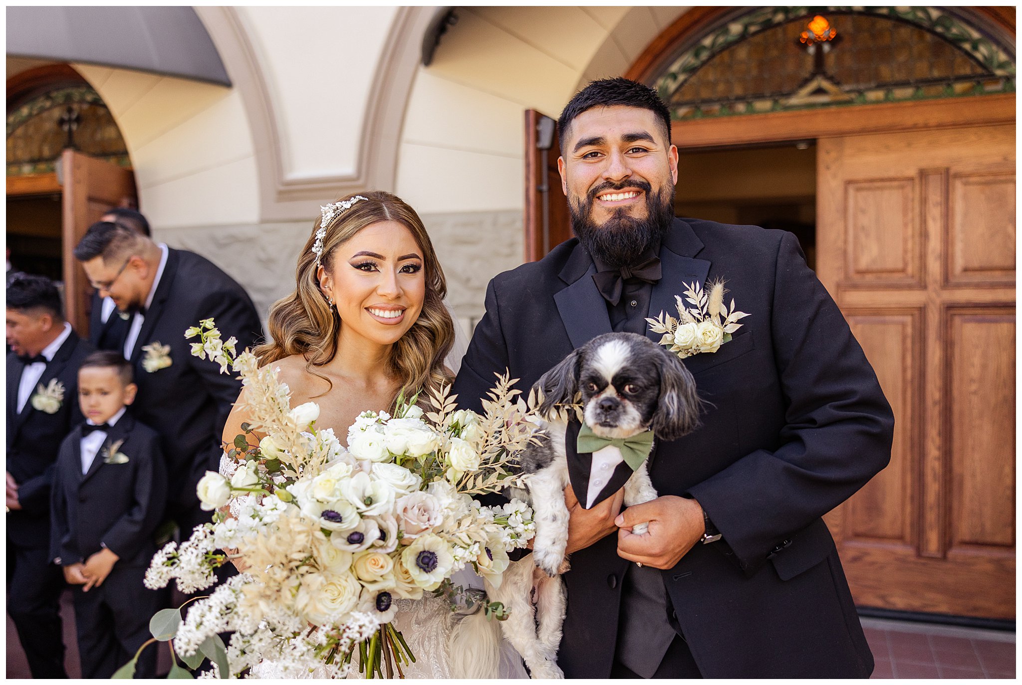St John the Baptist Church Chico CA The Barn at Old Colony Orland CA Wedding Glamor Traditional Classic Car Dog Bowtie Tequila Sweetheart Table April Spring Sage Green Black Orchard,