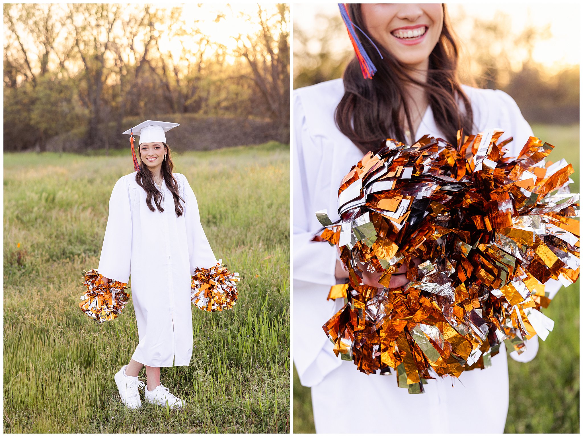 Grass Field Senior Session High School Wildflowers Cap Gown Spirit Cheerleader Pom Poms White Dress,