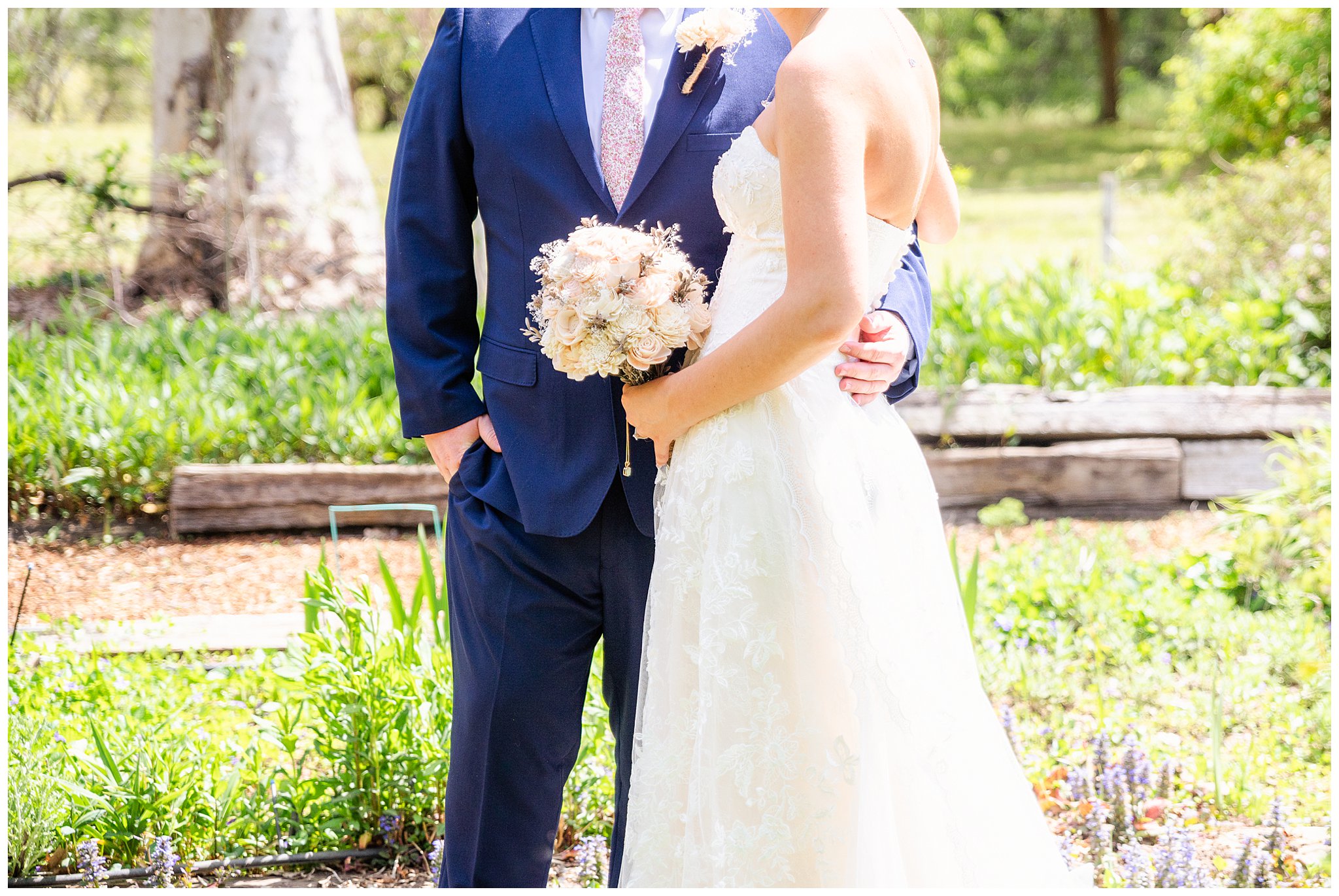White Ranch Events Wedding Chico CA Spring April Willow Tree Sunset Blush Sage First Look Blue Suit,