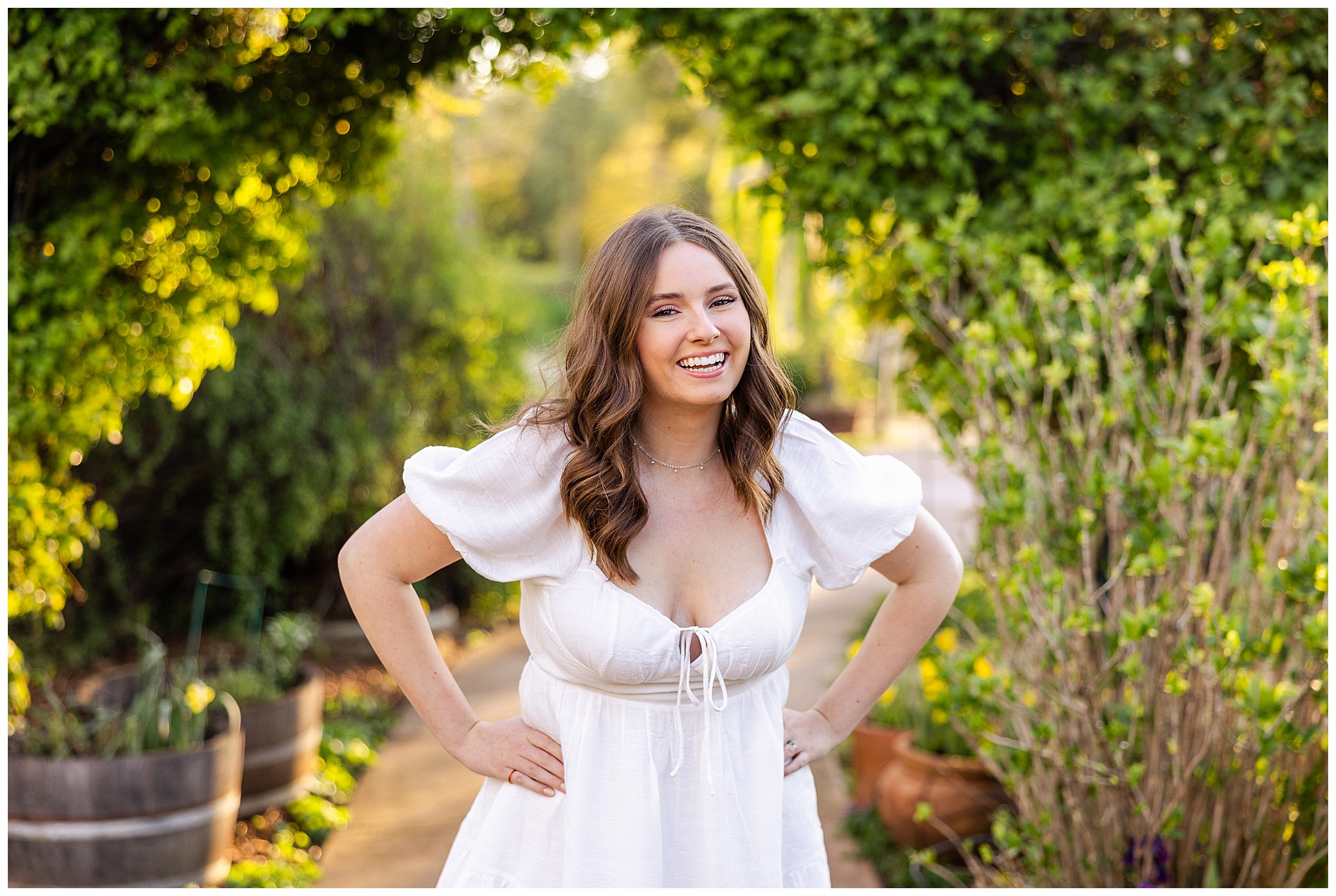 White Ranch Events High School Senior Session Chico CA Willow Tree Field White Dress Arch Spring April,