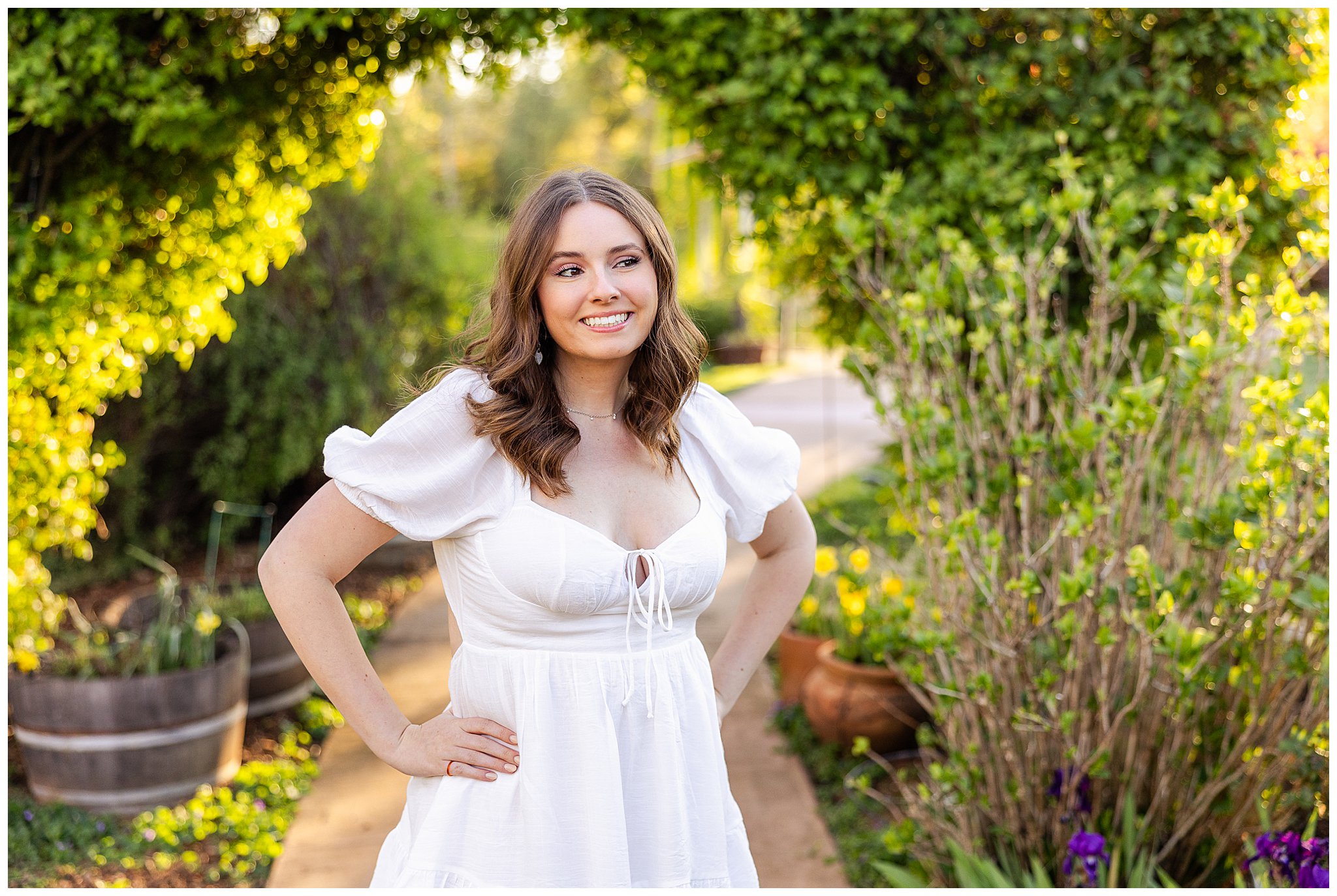 White Ranch Events High School Senior Session Chico CA Willow Tree Field White Dress Arch Spring April,