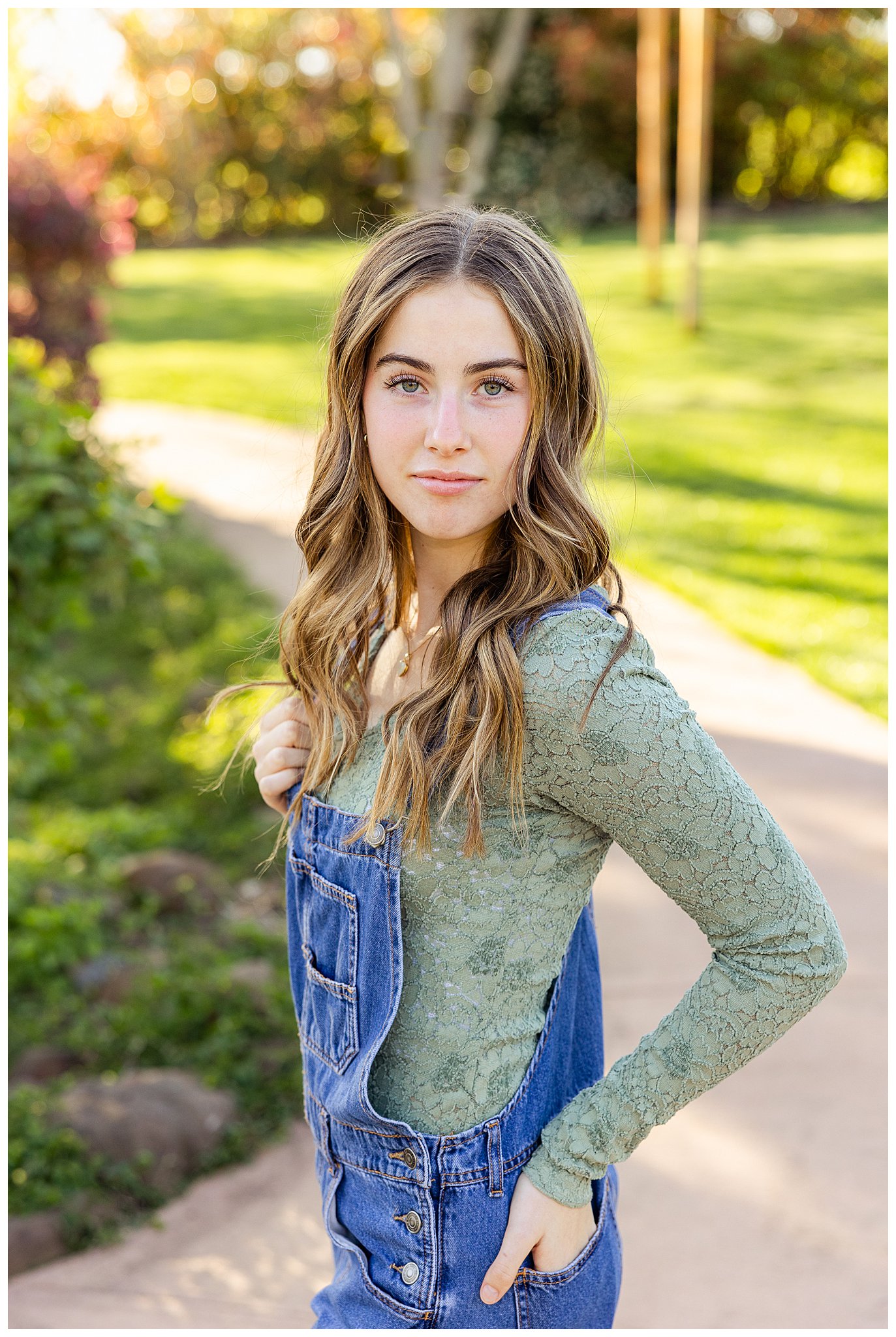 White Ranch Events High School Senior Session Chico CA Willow Tree Field Overalls Floral Dress Arch,