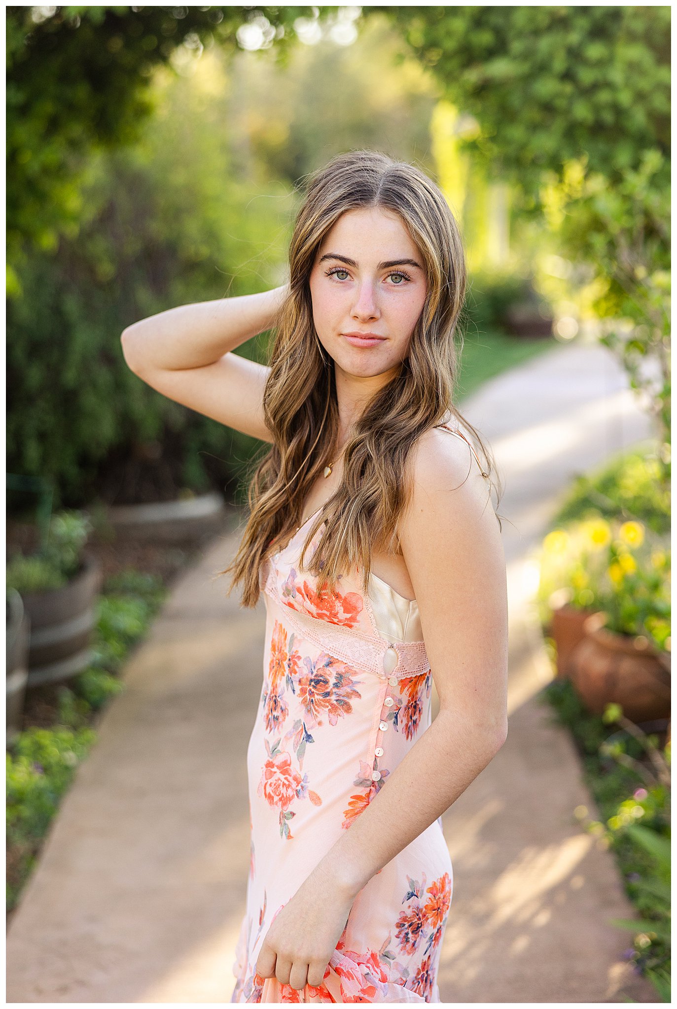 White Ranch Events High School Senior Session Chico CA Willow Tree Field Overalls Floral Dress Arch,