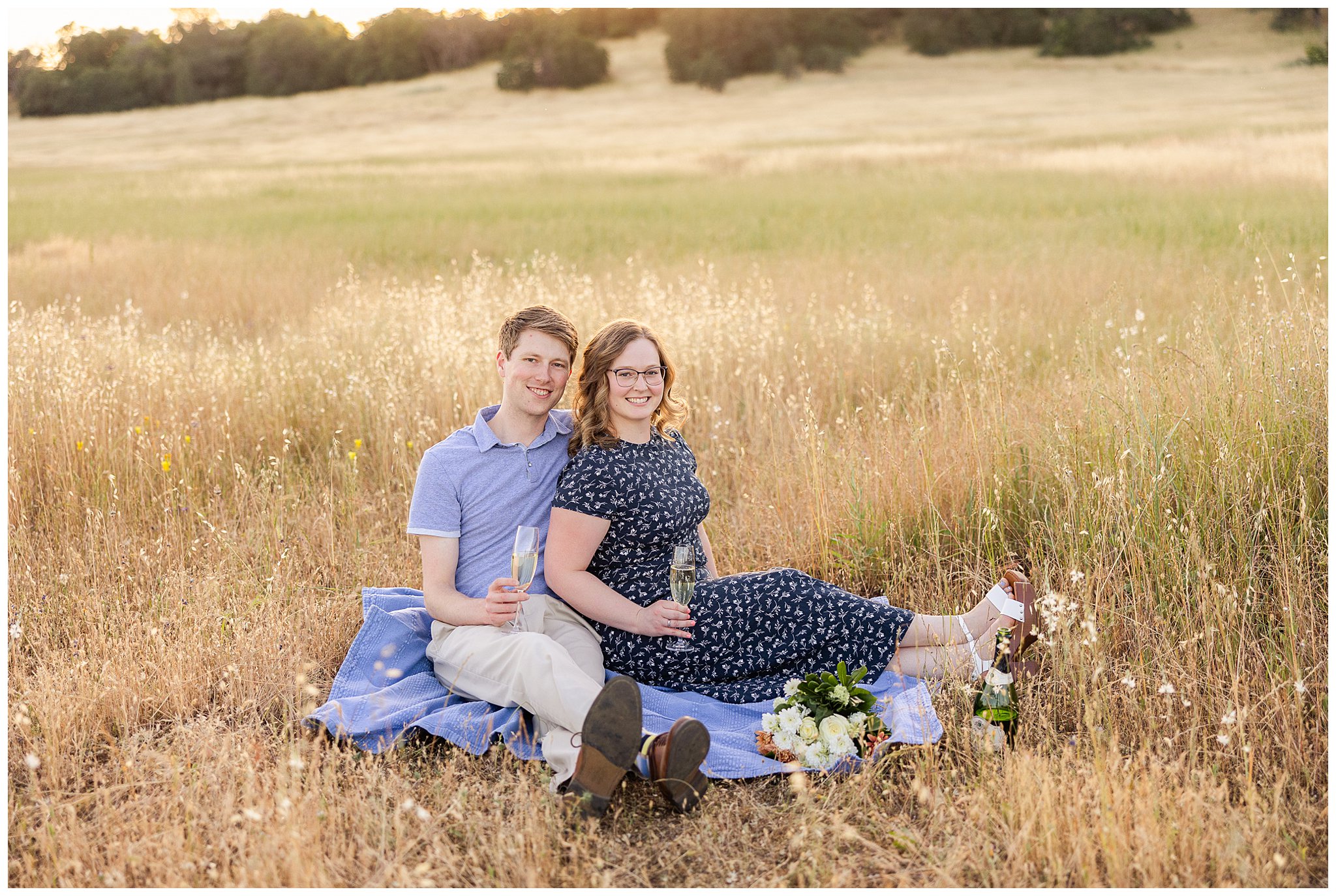 Upper Bidwell Park Engagement Session Champagne Flutes Floral Bouquet Chico CA Spring May,