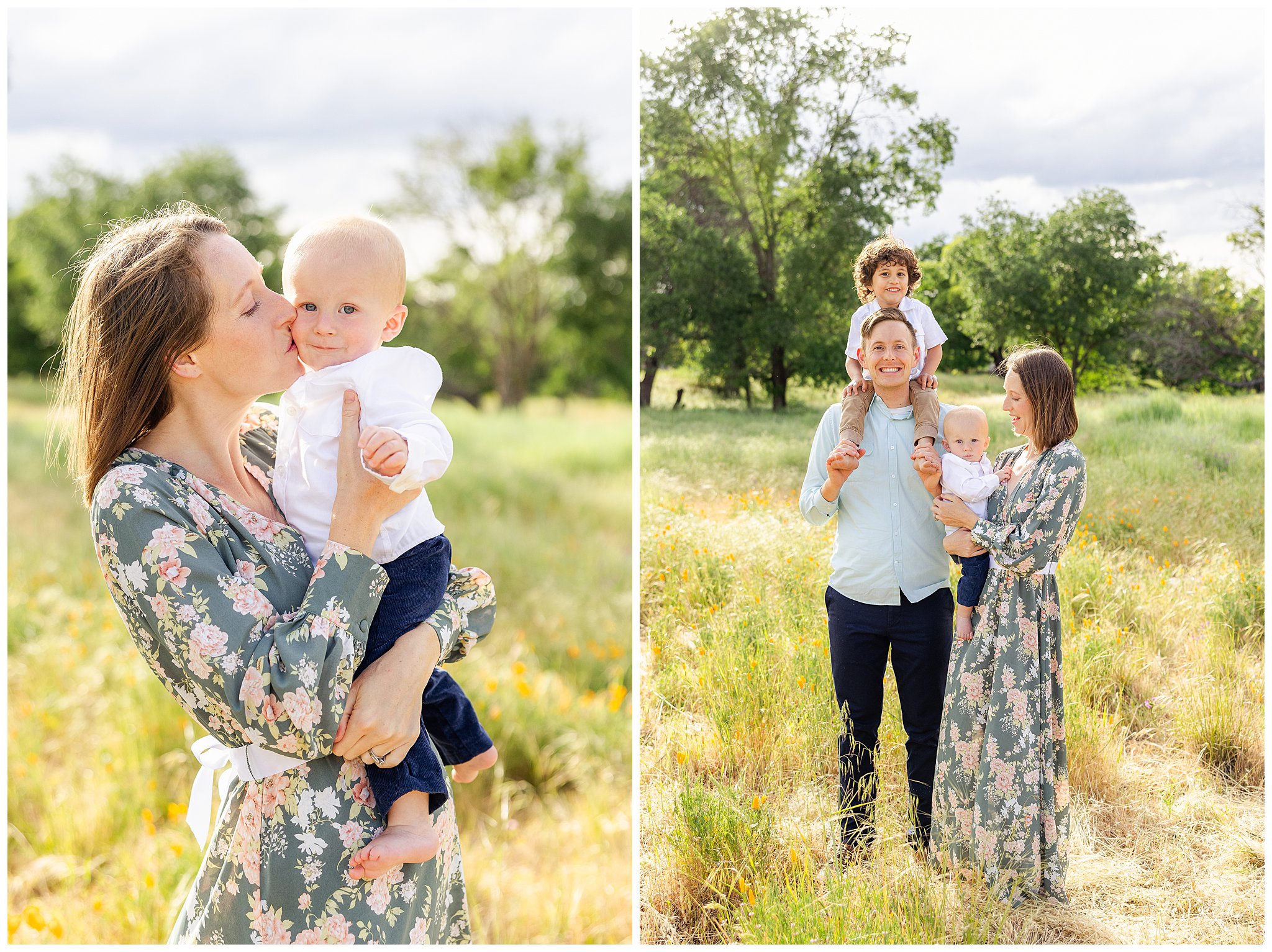 Grass Field Wildflowers Family Session California Poppy Chico CA May Spring Floral Dress Young Boys Brothers Blanket,