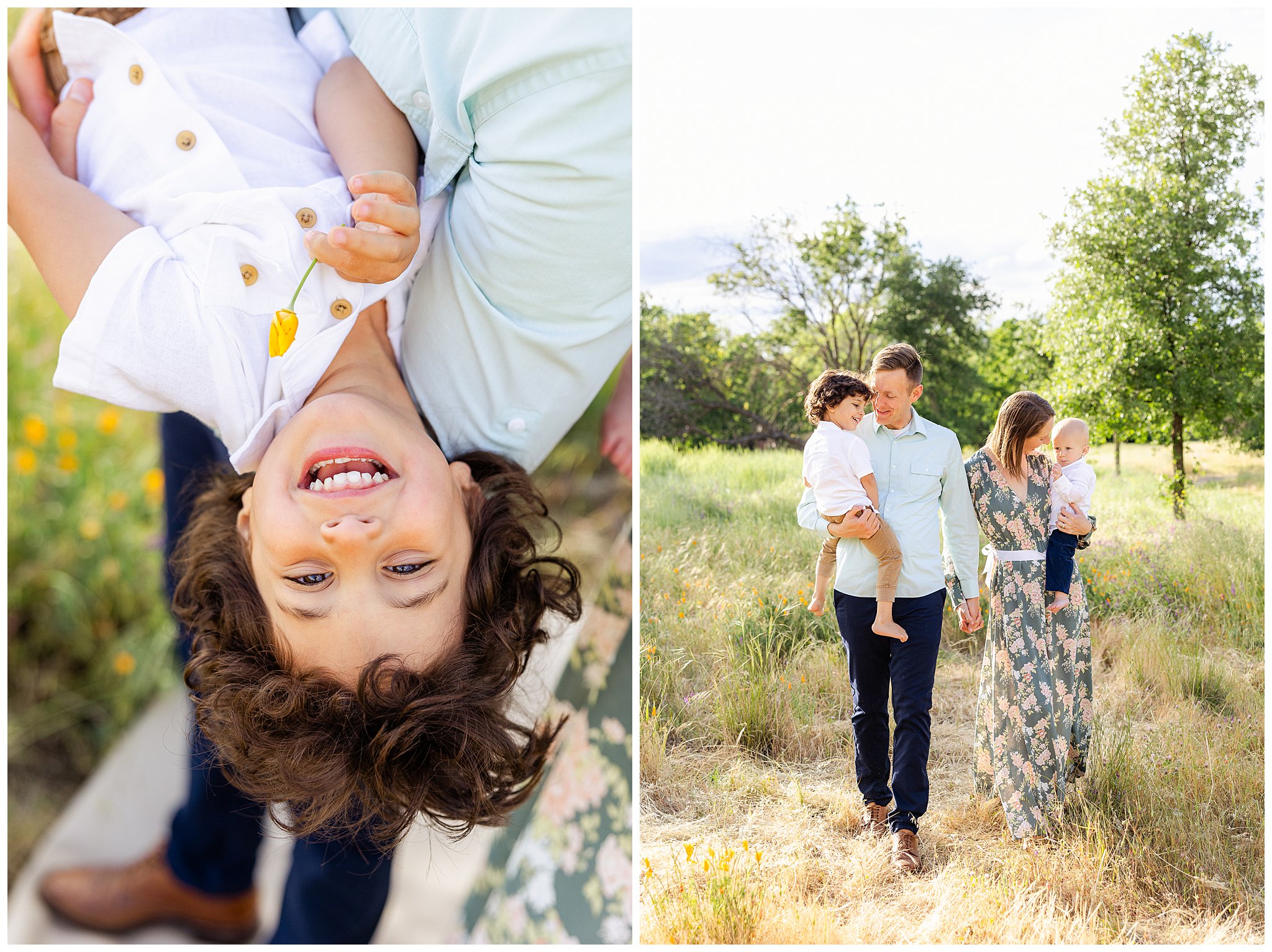 Grass Field Wildflowers Family Session California Poppy Chico CA May Spring Floral Dress Young Boys Brothers Blanket,